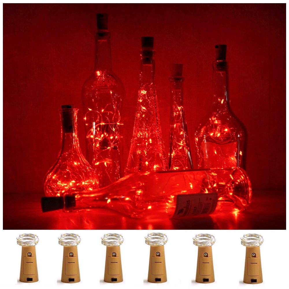 LoveNite Wine Bottle Lights with Cork, 6 Pack Battery Operated 15 LED Cork Shape Silver Wire Colorful Fairy Mini String Lights for DIY, Party, Decor, Christmas, Halloween,Wedding (Red)