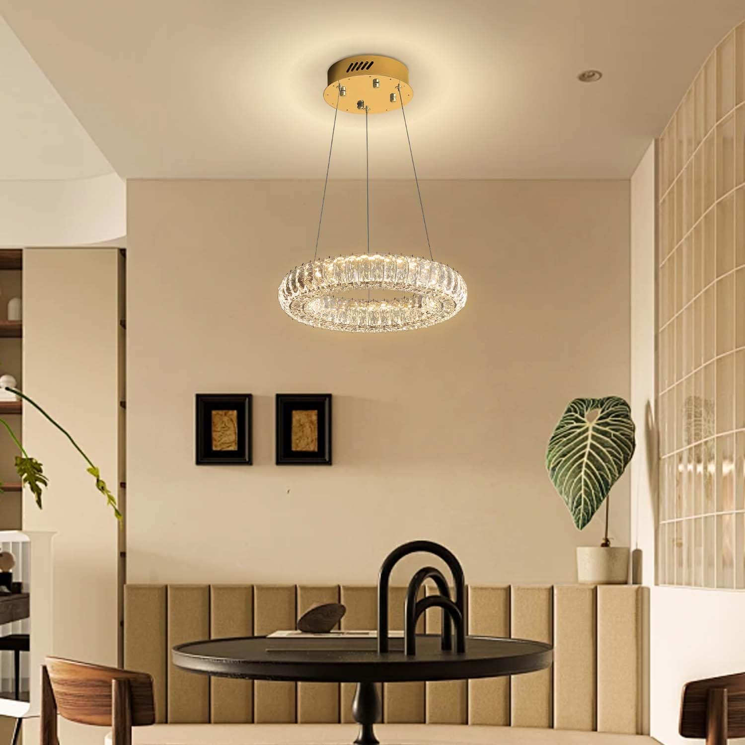 Idequy Modern Led Gold Ring Pendant Light 7.8'' Dimmable Crystal Chandelier Adjustable Round Crystal Chandelier Light Fixtures F