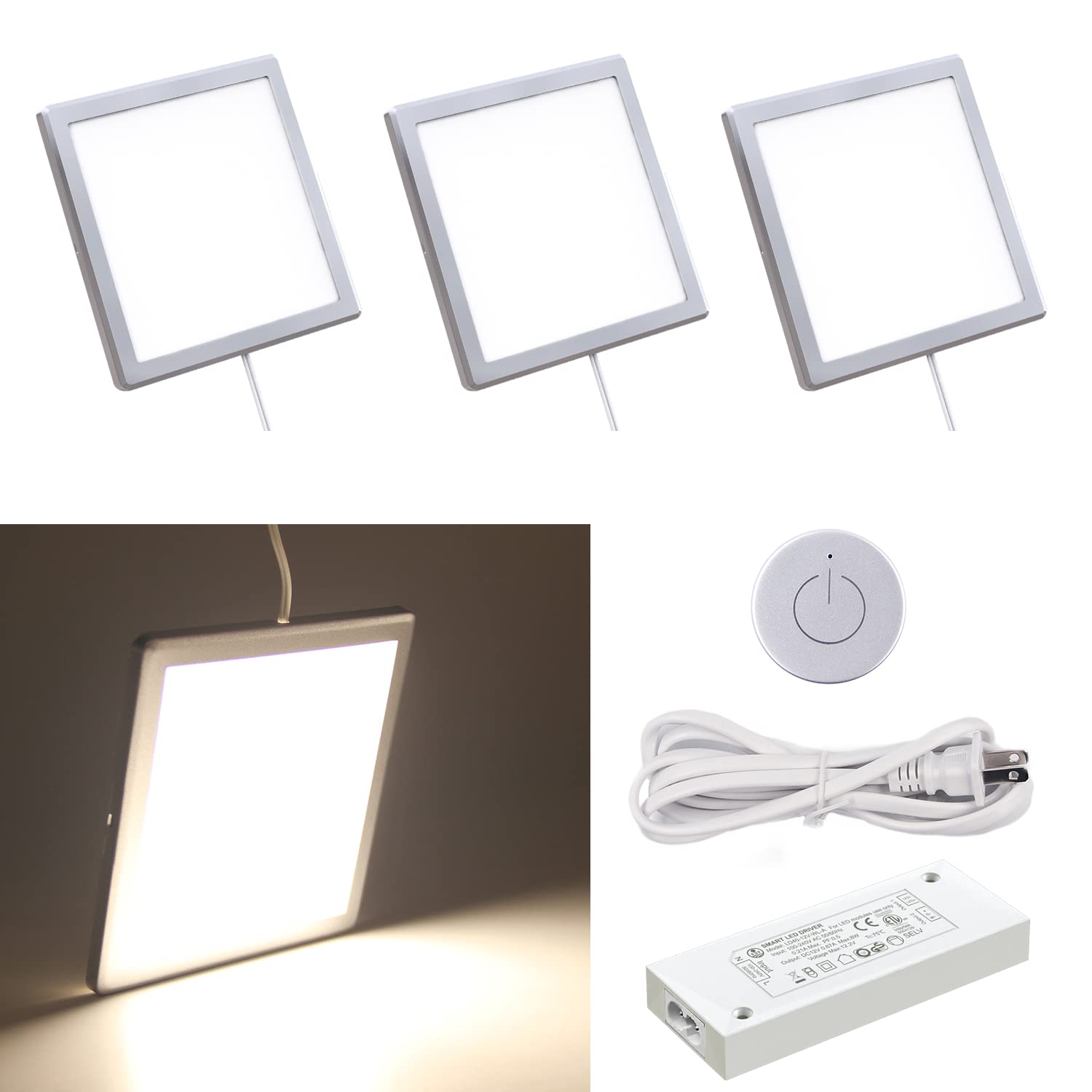 VST Under Cabinet Mini Panel Lighting, 3PCS 3.94inch, 12V 2.5W, Wireless Dimmer Switch, Square Silver, Model PL06