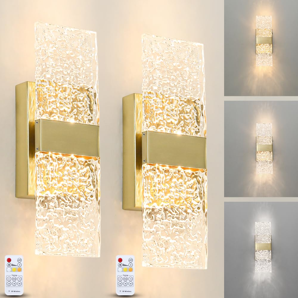 Ditoon Modern Wall Sconce Set of Two, Battery Operated, Gold Metal with Clear Crystal, LED Art Deco, 11.81 inch