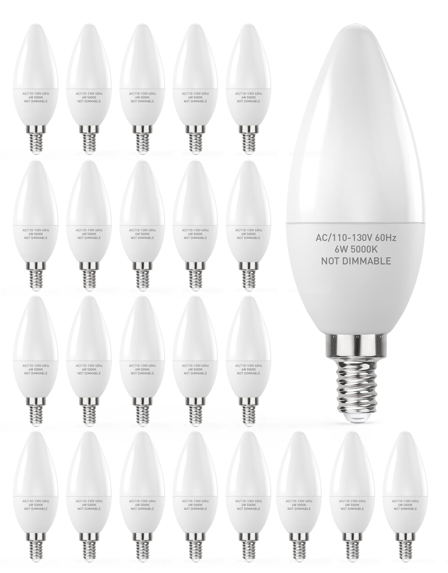 PARTPHONER E12 LED Light Bulbs B11 6W Non-Dimmable 600 Lumen Pack of 24 5000K Daylight White