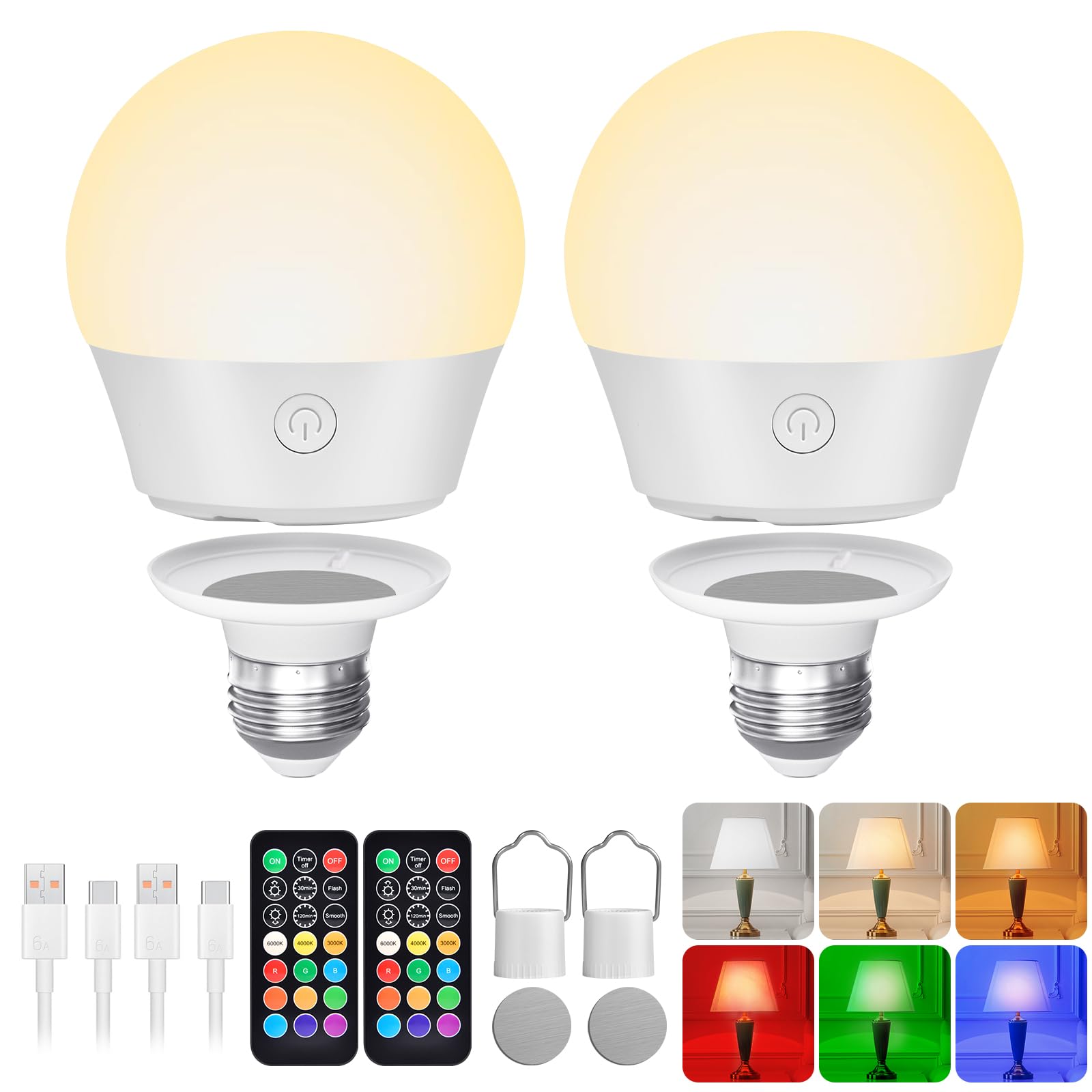 E26 Battery-Operated Rechargeable Light Bulbs With Remote And Timer For Lamps, Sconces, And Non-Hardwired Fixture, 3 Color Tempe