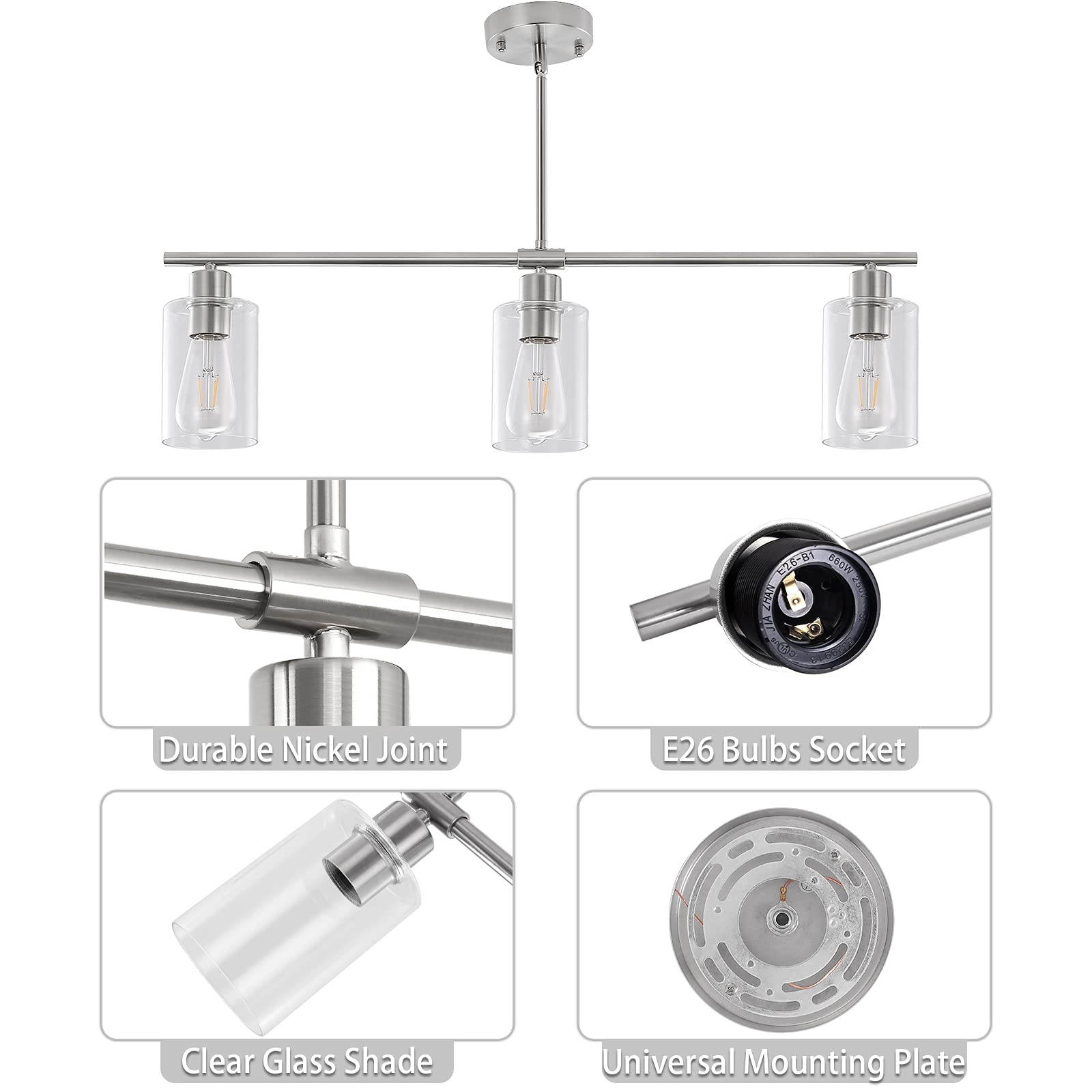 Mrhyswd 3 Lights Kitchen Island Lighting Brushed Nickel Pendant Light Fixtures With Glass Shade 31" Dining Room Chandeliers Adjustable Height Modern Linear Ceiling Hanging Light For Living Room, Foyer
