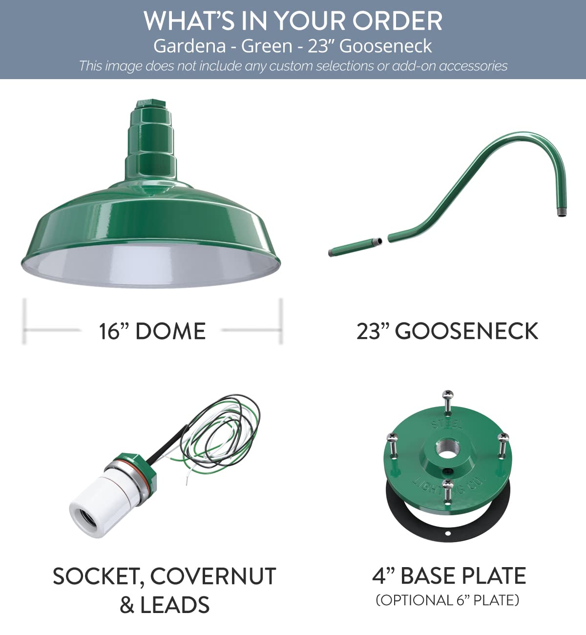 Steel Lighting Co. Gardena Barn Light - 16 Outdoor Wall Mounted Dome, 23 Gooseneck, Green Steel Finish, Made In America