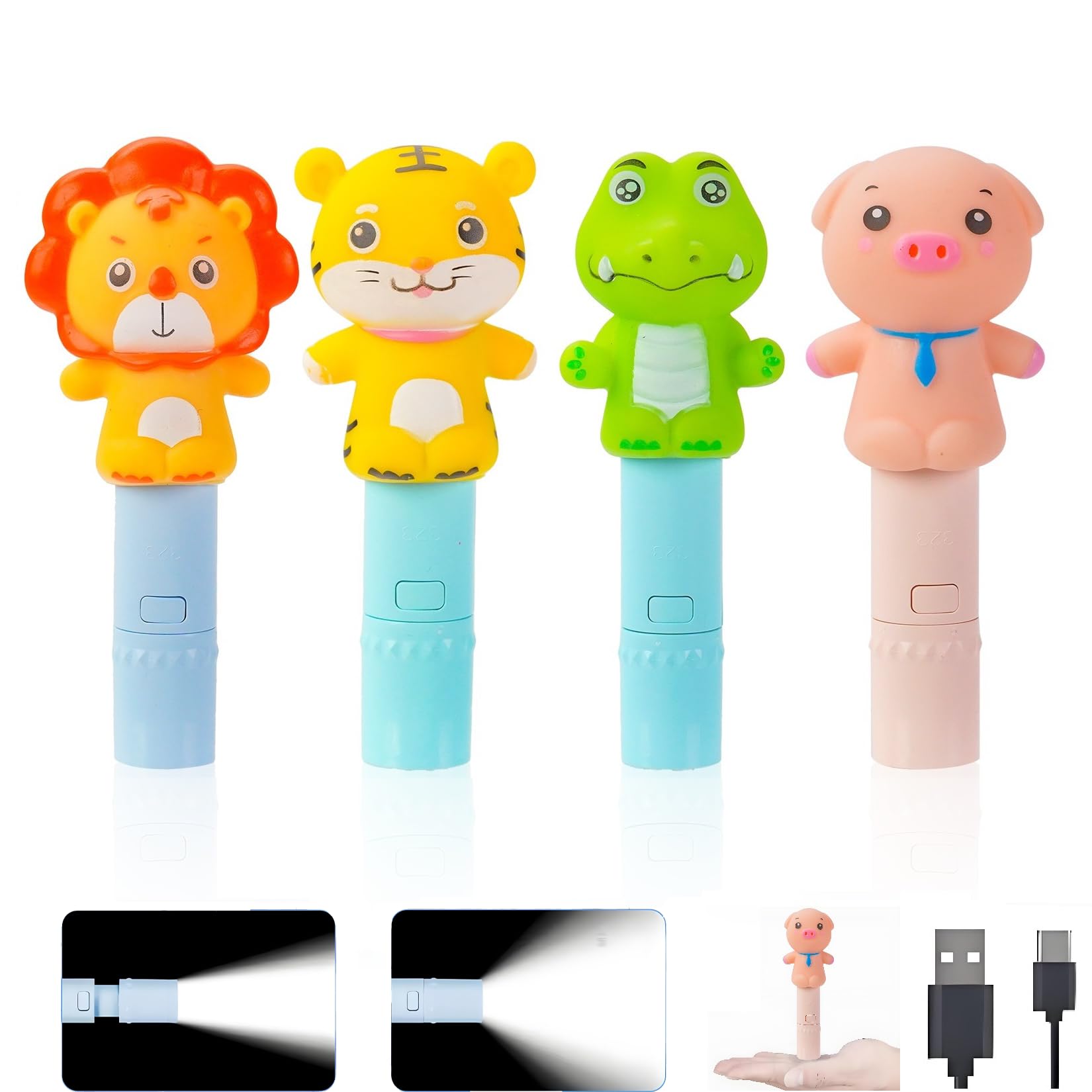 Darlur 4 Pack Small Mini Cute Kids Flashlight  Rechargeable Animal Flashlights For Boys Girls Christmas Gifts Stocking Stuffers