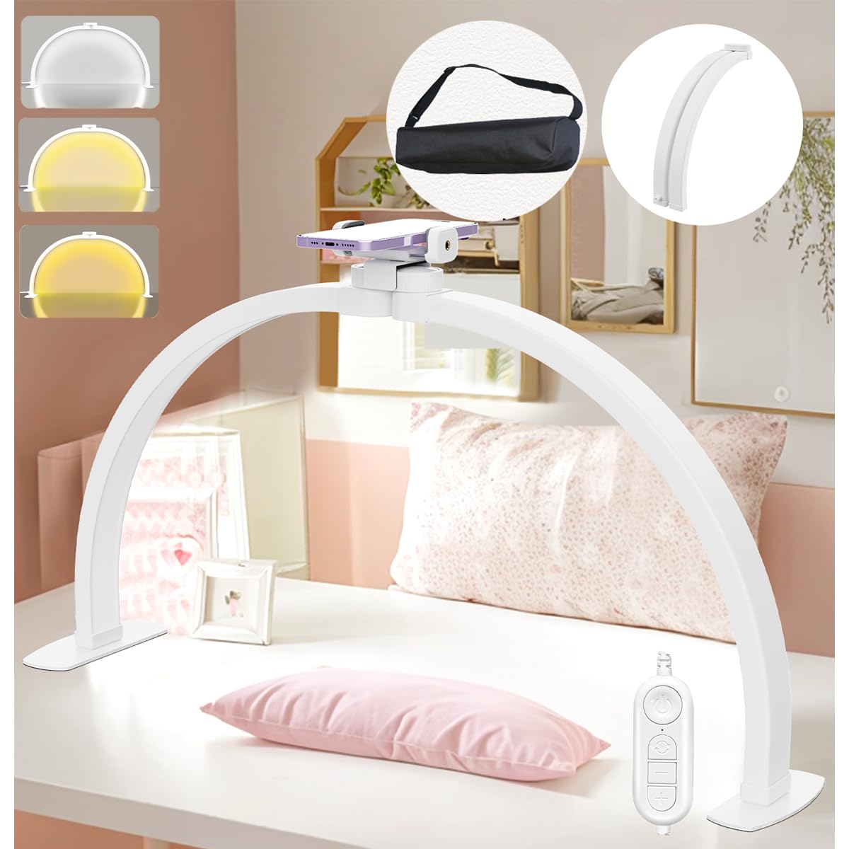 MACTREM Half Moon Light for Nail Desk,Foldable Nail Tech Lights Nail Lamp for Desk with Phone Holder/Carrying Bag, 30In 40W, 3 C