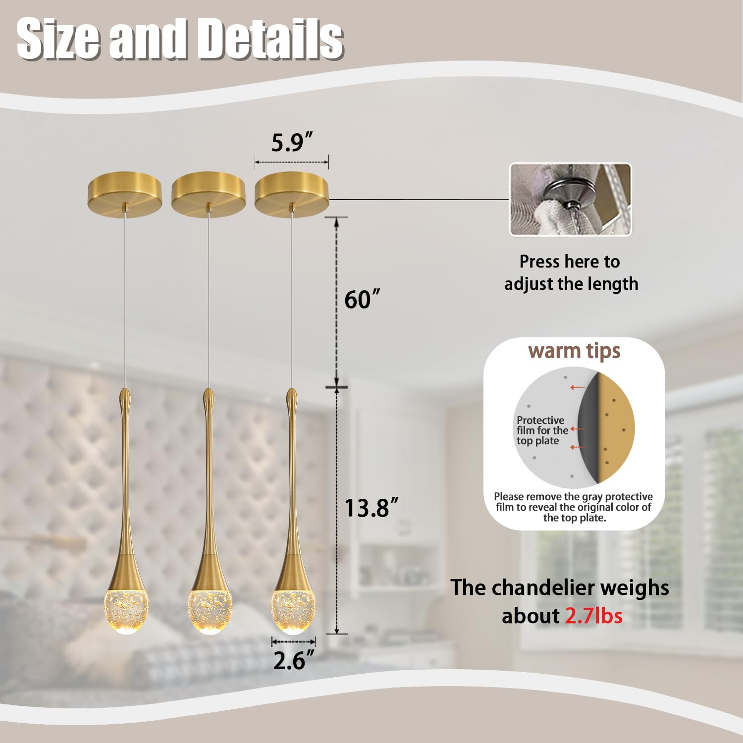 Ykolupty Single Head Gold Bubble Crystal Chandelier Modern Led Pendant Lights For Kitchen Island Dimmable 3000-6000K(3 Independe