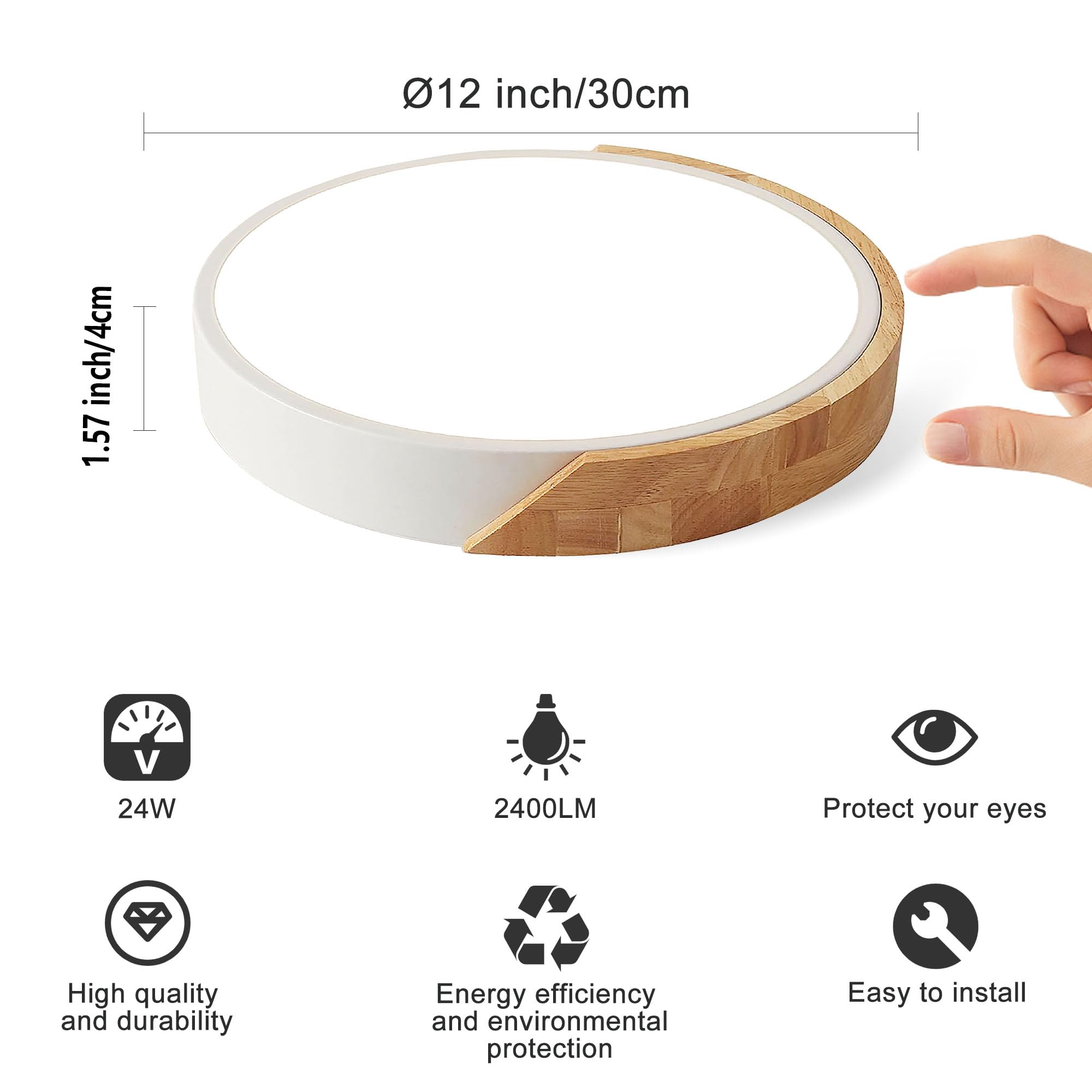 Flush Mount Ceiling Light  12 Inch Led Ceiling Light Fixture  Matte White With Wood  4500K/24W(150W Equiv.)  Not Dimmable Indoor Lighting Fixtures Ceiling For Bedroom And Hallway