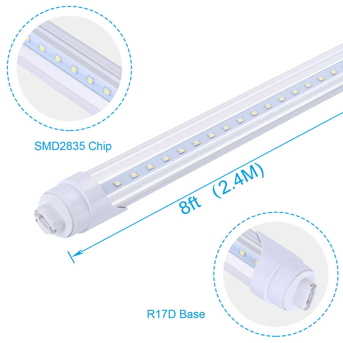R17D/Ho 8Ft Led Shop Bulb, Rotating Base Led Tube Light, 6000K Clear L ...