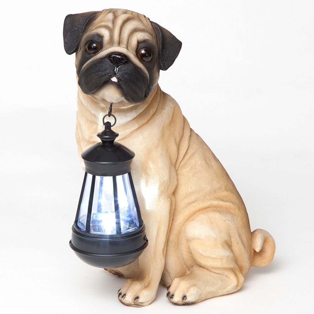 Bits and Pieces - Fawn Pug Solar Lantern Statue - Solar Powered Garden Lantern - Resin Dog Sculpture with LED Light - Outdoor Li