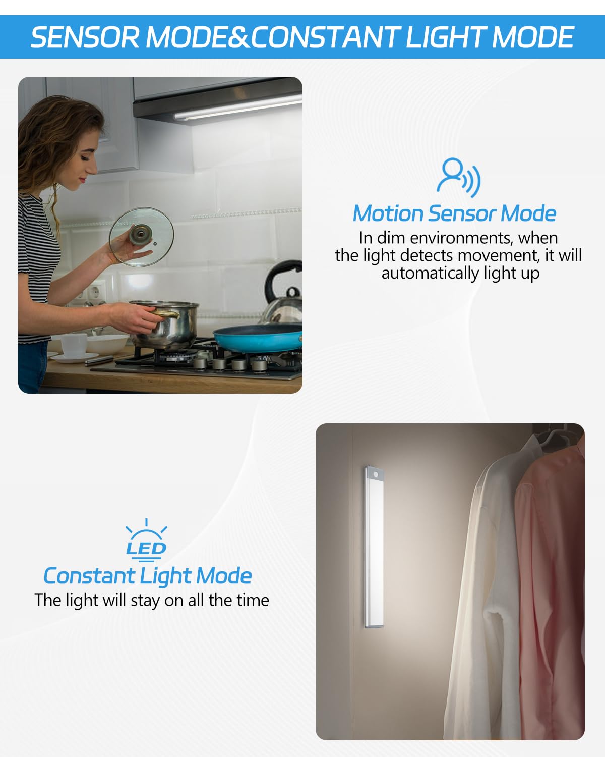 HIBOITEC Motion Sensor Under Counter Lights, 2 Pack, 30-LED, Rechargeable, Ultra Thin, White, Magnetic Self-Adhesive, 180lm