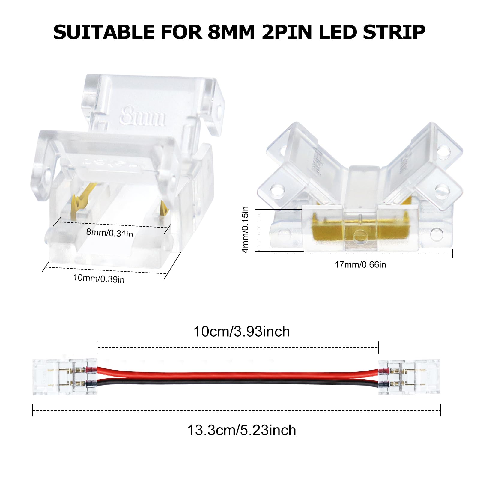 LightingWill LED Connectors 2Pin Pigtail Connector, 8mm, 10 PCS Solderless for COB/SMD 2835 3528 Single Color LED Strips