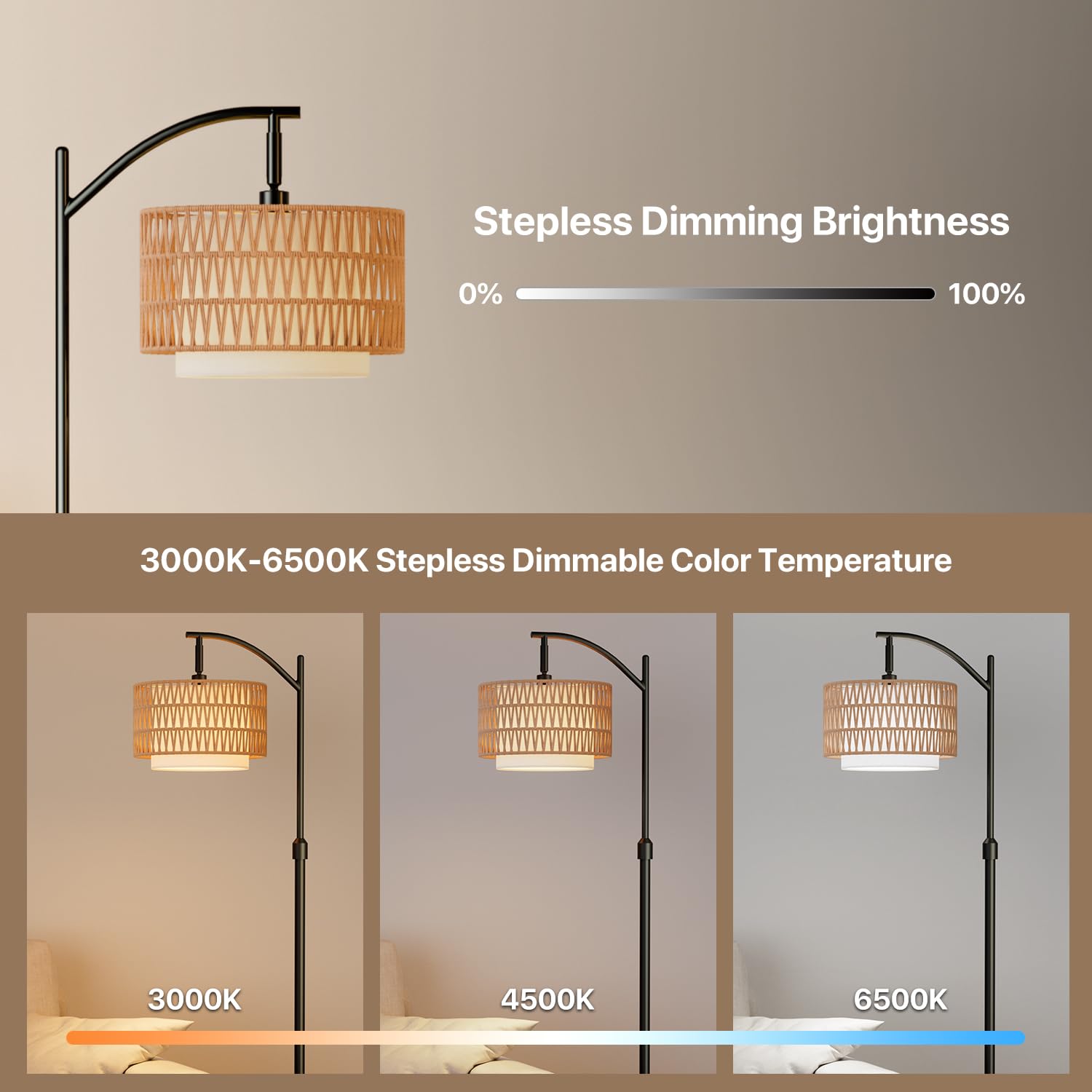 Boho Floor Lamp - Arched Floor Lamps For Living Room, Farmhouse Floor Lamp With 3 Color Temperature Black Standing Lamp With Rat