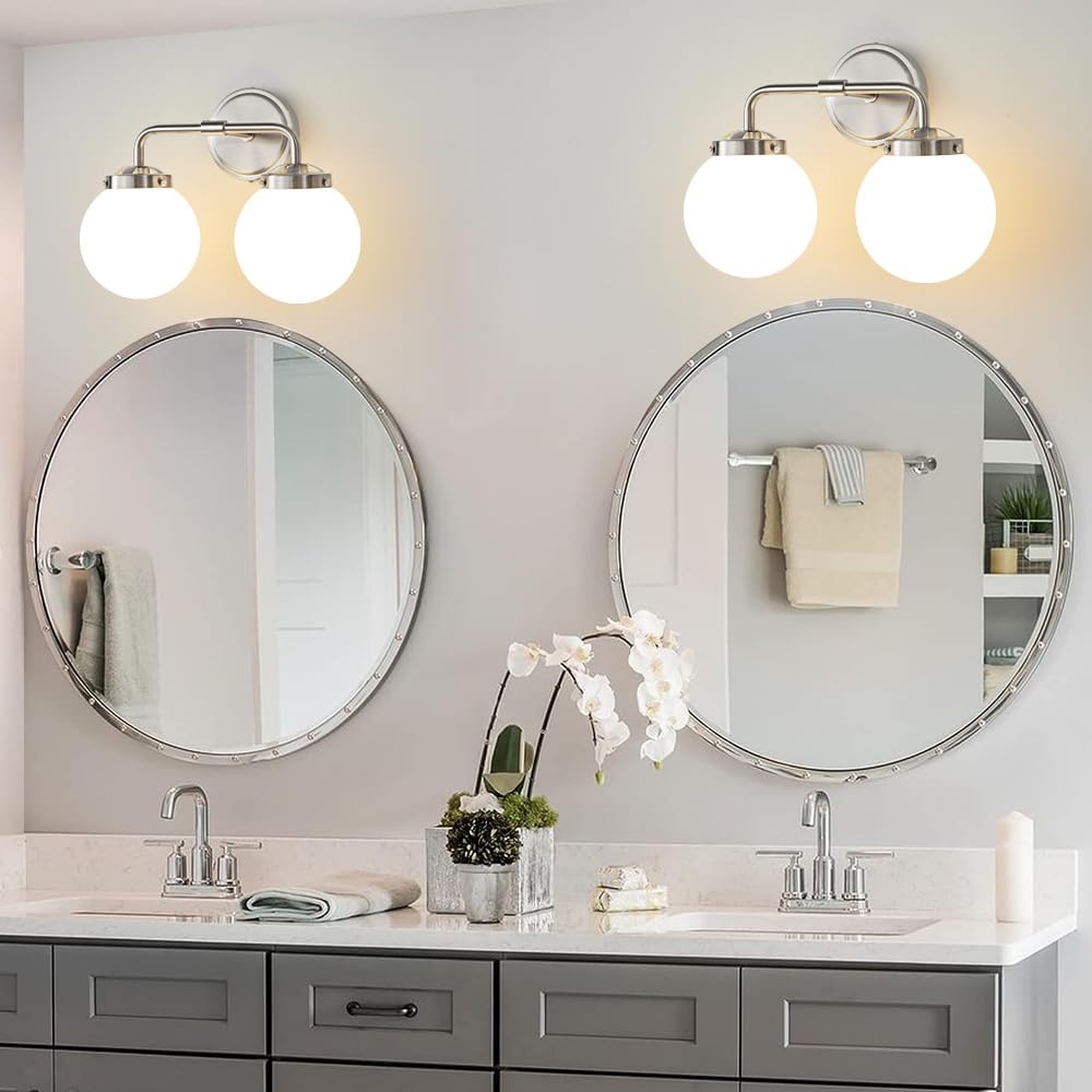 Deyidn Bathroom Light Fixtures Over Mirror, Brushed Nickel Modern Vanity Lighting With Milk White Glass Globe Shades 2-Light Far