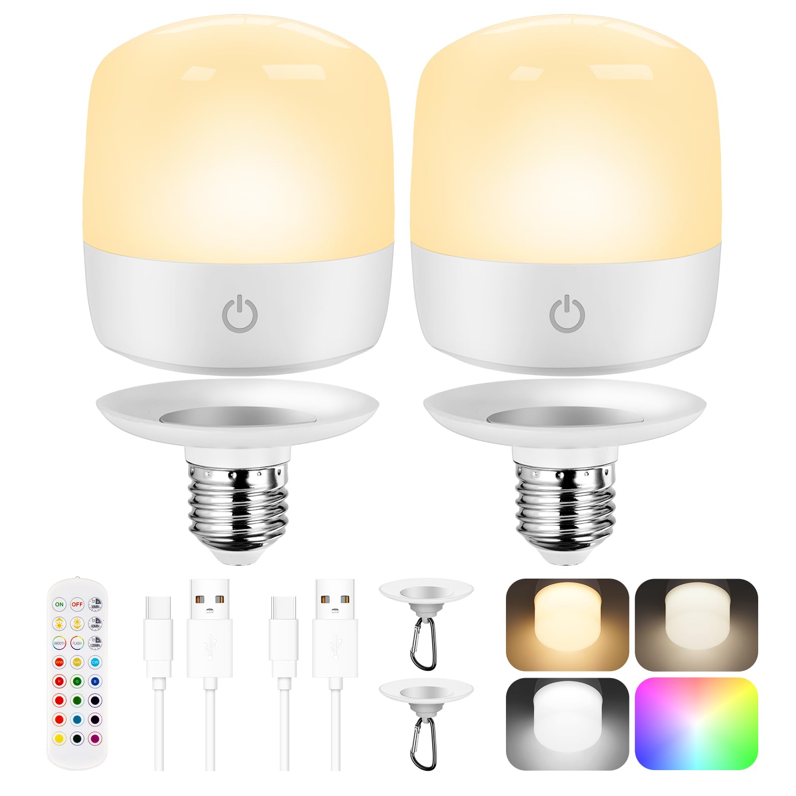 4000Mah Large Rechargeable Battery Operated Light Bulb 2 Packs, Dimmable Led Bulb With Remote Control & 2 Detachable Base, Batte