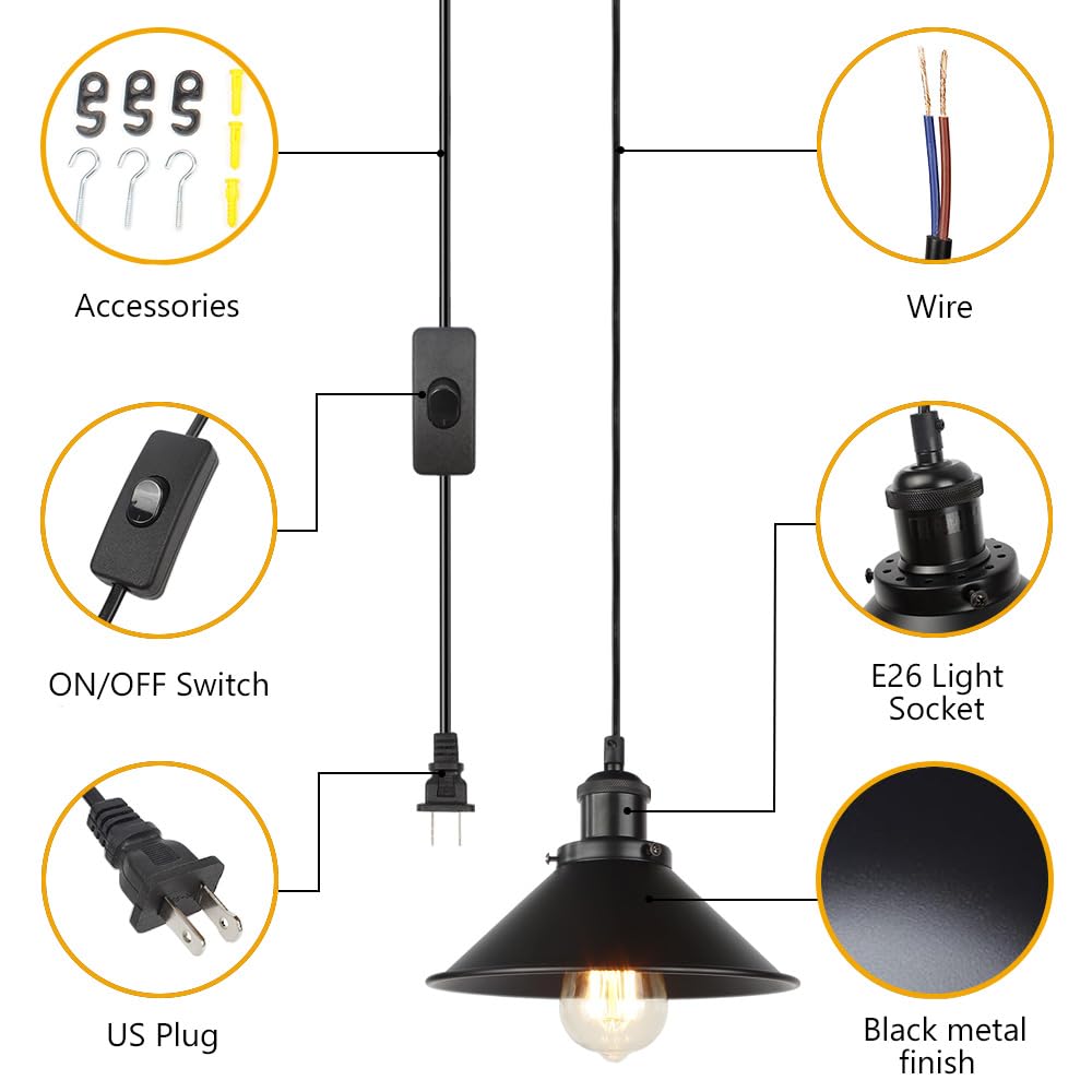 Ascelina Industrial Black 2-Pack Plug-In Pendant Light With Switch, 26X17X7.7In, E26 Socket, 16.4Ft Cord, Living Room Kitchen Diningroom Bedroom