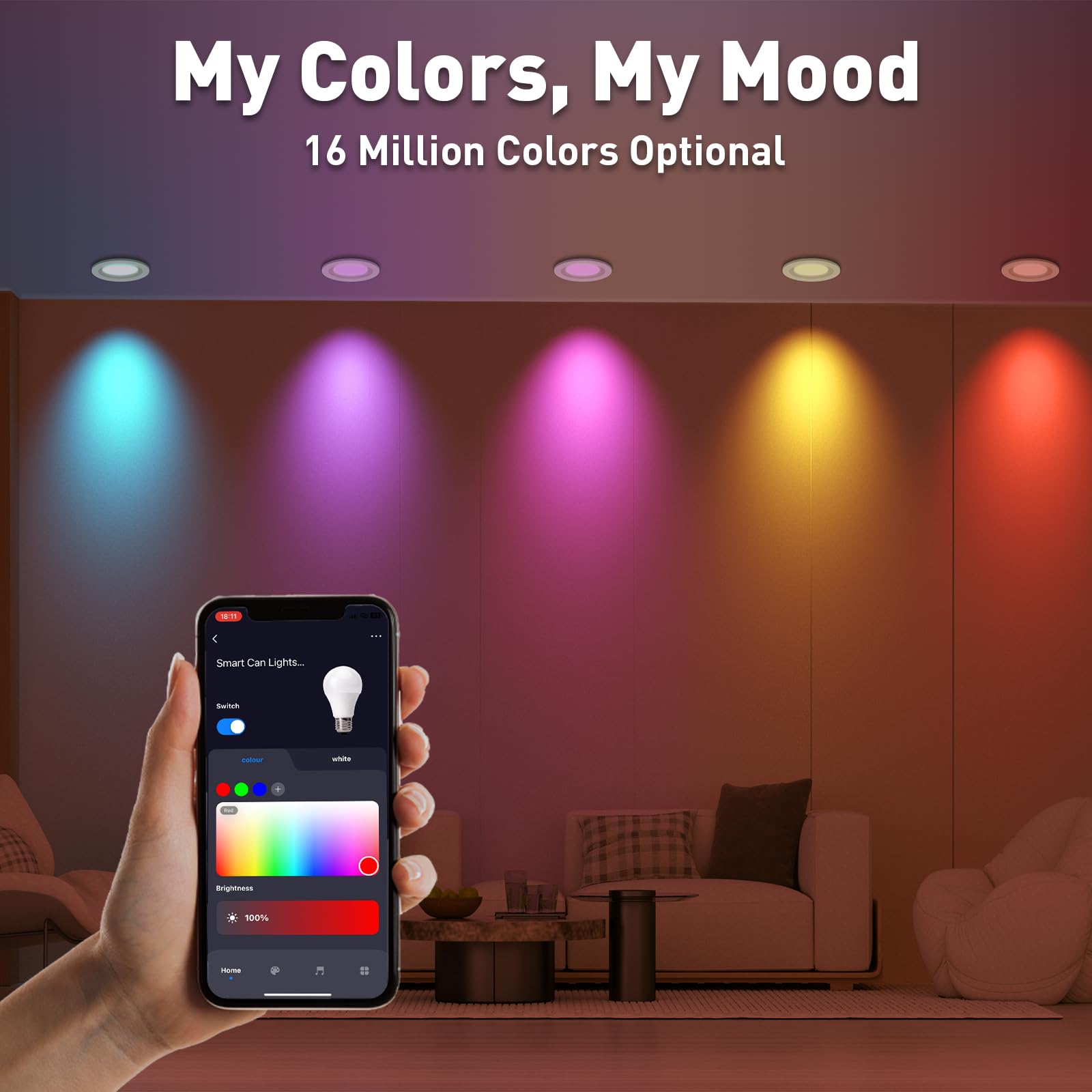 Rollin Light Smart Recessed Lighting 5/6 Inch - 6 Pack Wi-Fi Rgb Color Changing Led Recessed Can Lights, 13W 1050Lm Dimmable Ret