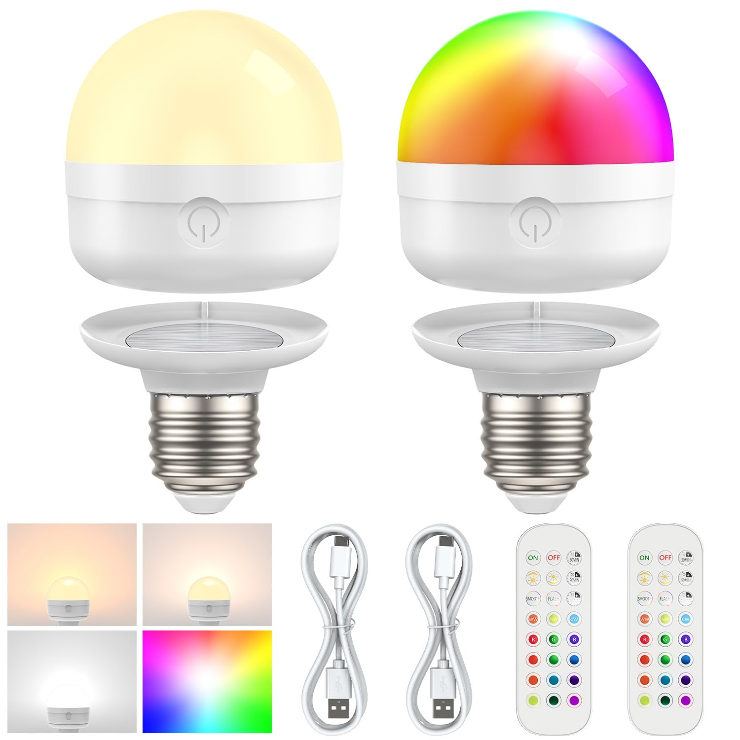 SCOPOW RGB Rechargeable Battery Operated Light Bulb with Remote 15 Color Temperature,450LM,Detachable Charging Magnetically Dimmer Timer Dimmer for Non-Hardwired (6W+3Colors+RGB+2PC)