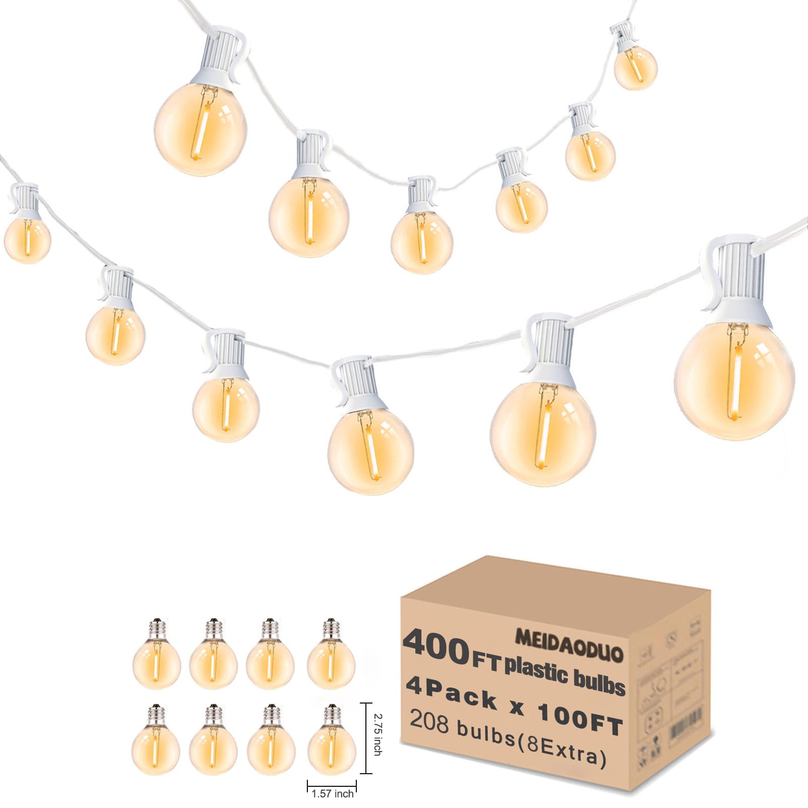 Meidaoduo 400FT White String Lights for Outside with 200+8 Extral LED G40 Bulbs Globe String Lights White Cord for Patio Pergola Gazebo Wedding Decoration  4 x 100FT Connectable
