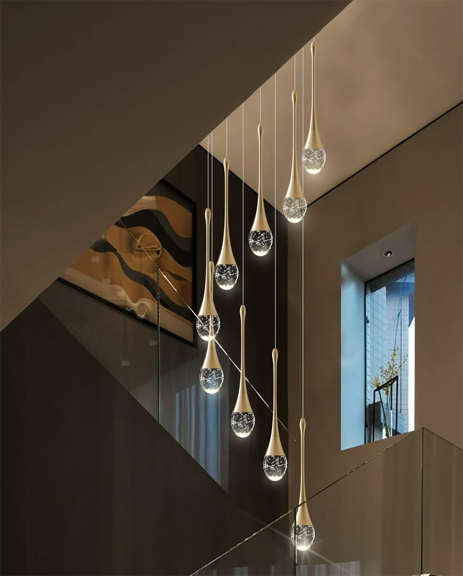 Ykolupty H100'' Modern Chandelier 9-Lights Gold Foyer Entrance Chandeliers High Ceiling Chandelier Led Dimmable 2700-6000K Fixtures