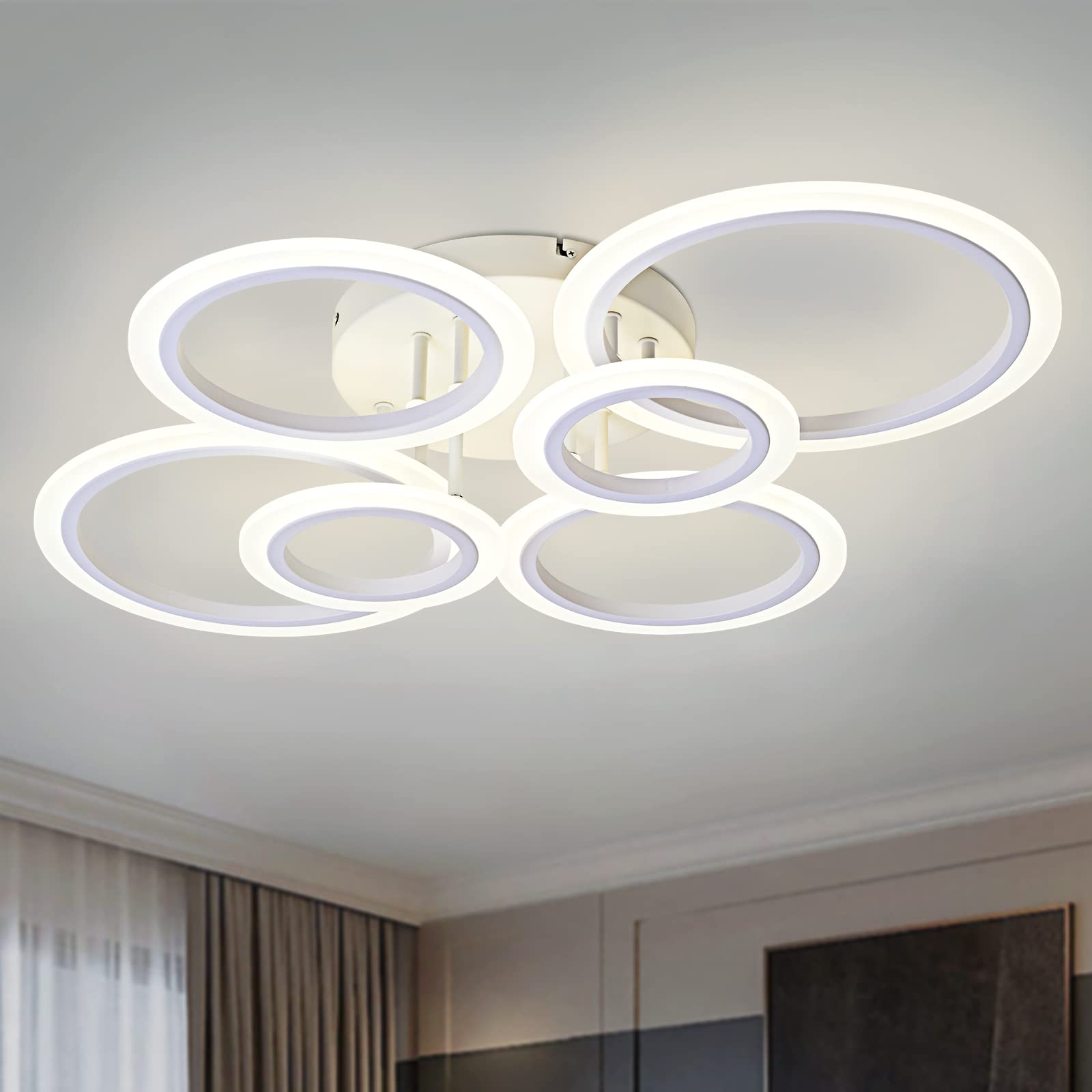 Vikaey Modern Led Flush Mount Ceiling Light, 6 Rings White Close To Ceiling Light, Lighting Fixture Ceiling Lamp For Kitchen, Living Room, Bedroom, Laundry Room, 4000K Not Dimmable