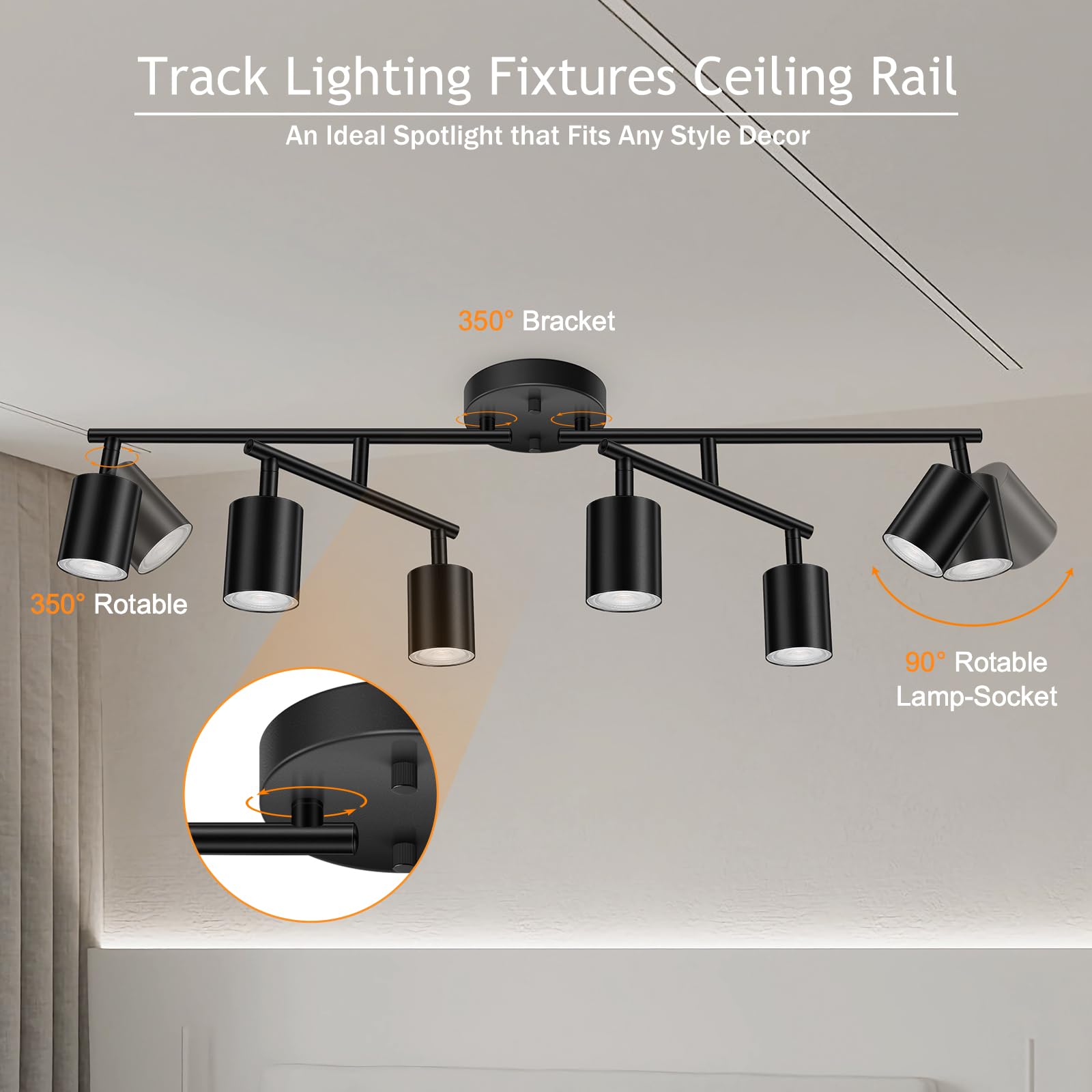 Boostarea 6 Light Track Lighting Kit, Black 6 Way Ceiling Spot Lighting, Center Swivel Track Light Heads, Flexibly Rotatable Lig