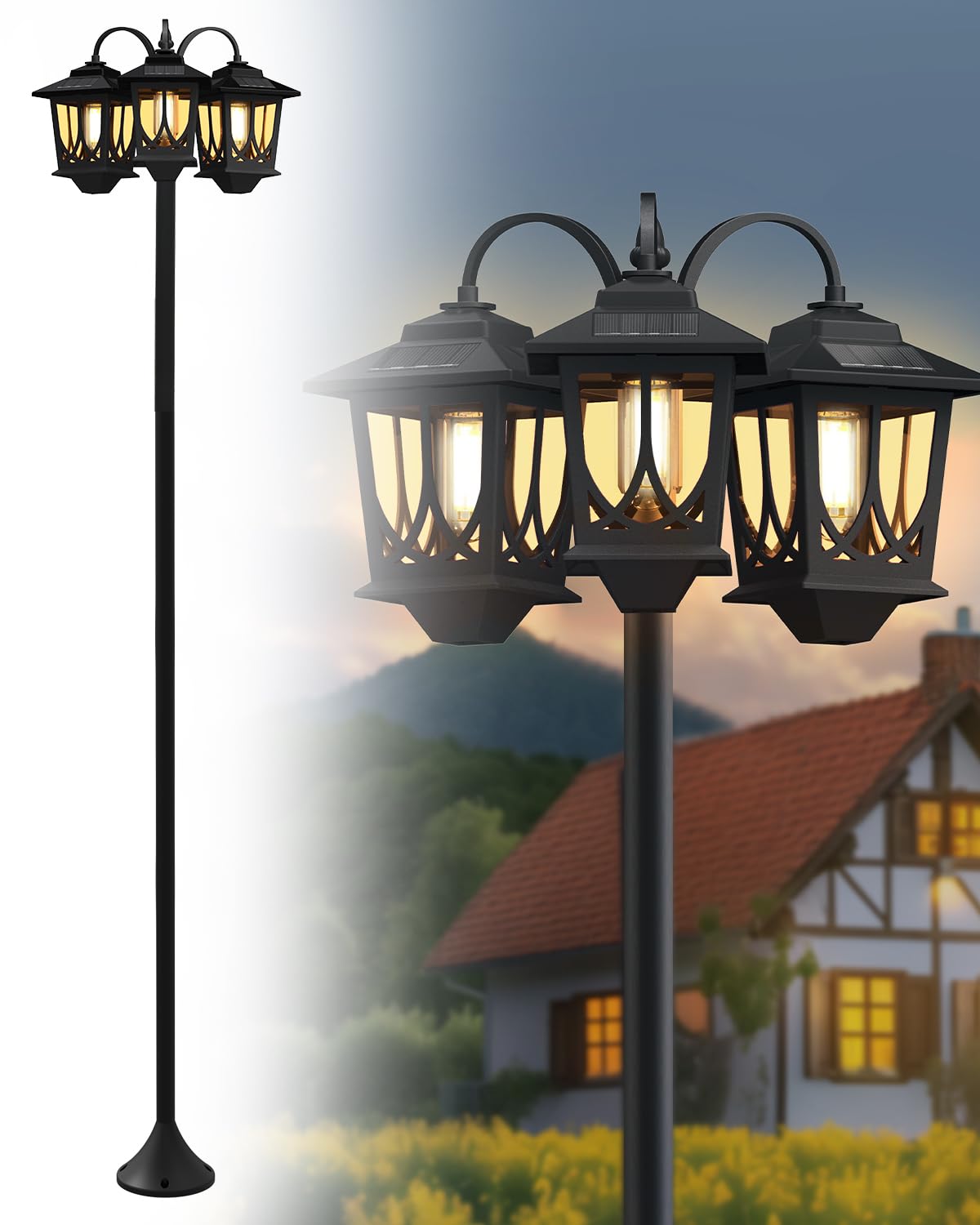 DOESLAG 73in Aluminum Solar Lamp Post Light 3-Head Waterproof Black UV-Resistant Plastic Model 18H0218-01