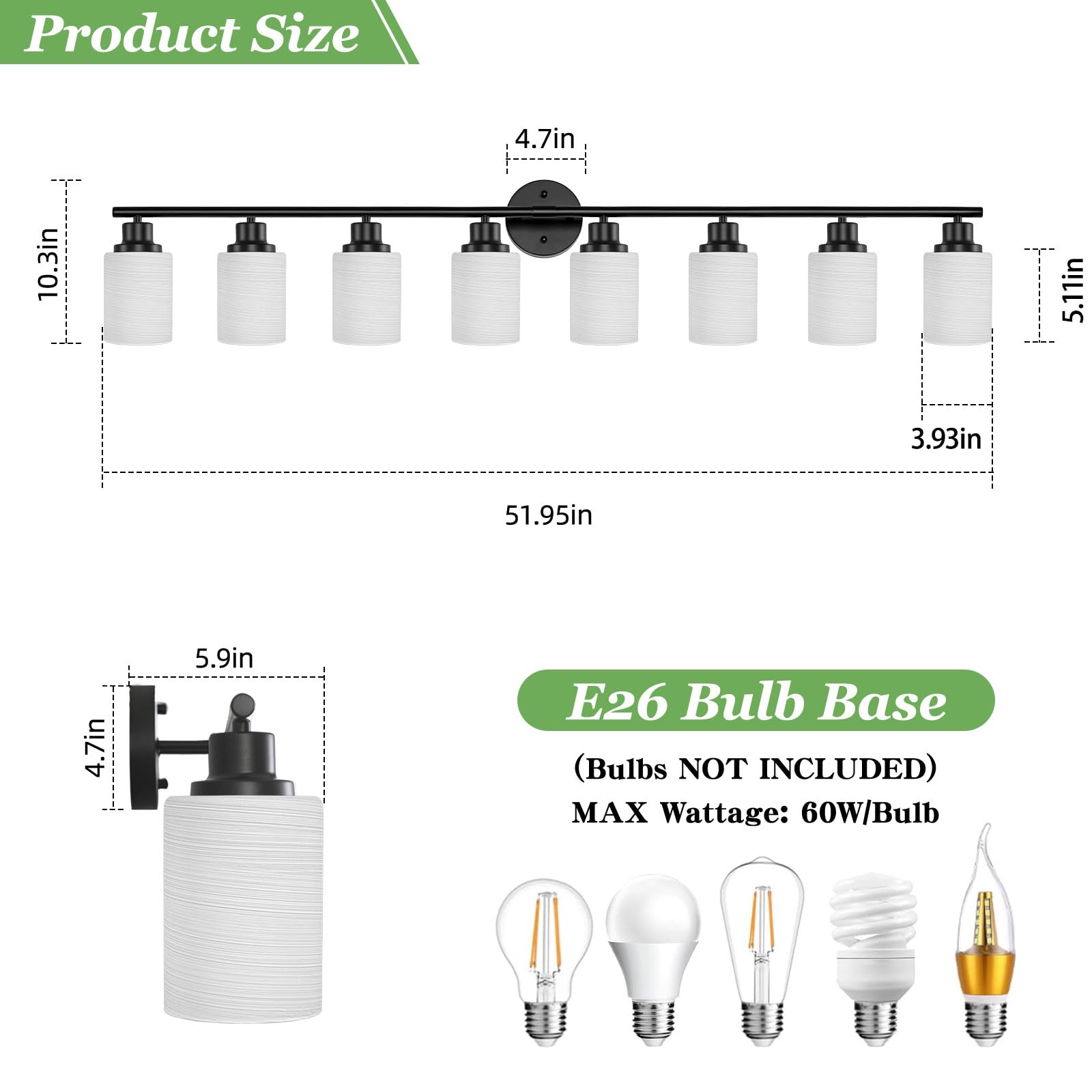 Guliaofo 8-Light Modern Bathroom Vanity Light Fixture, Matte Black with Frosted Glass Shades, Stylish Wall Lighting for Bathroom and Bedroom