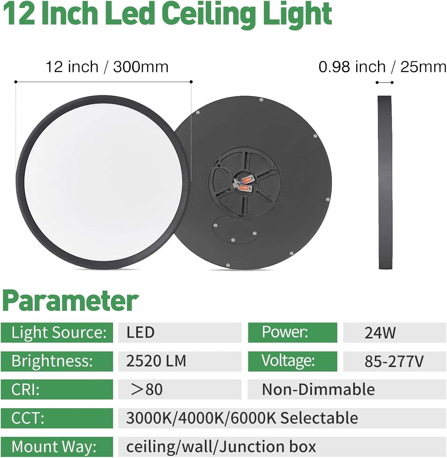 12Pk 12 Inch Led Flush Mount Ceiling Light, 24W, 2520Lm, 3000K/4000K/6000K Cct Selectable, Round Flat Panel Light Low Profile Ce