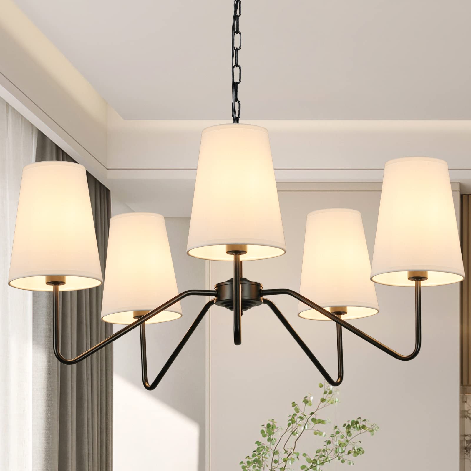 Bosceos 5-Light Modern Chandelier, Height Adjustable, Metal, Black + White, Model JP21709.5BK