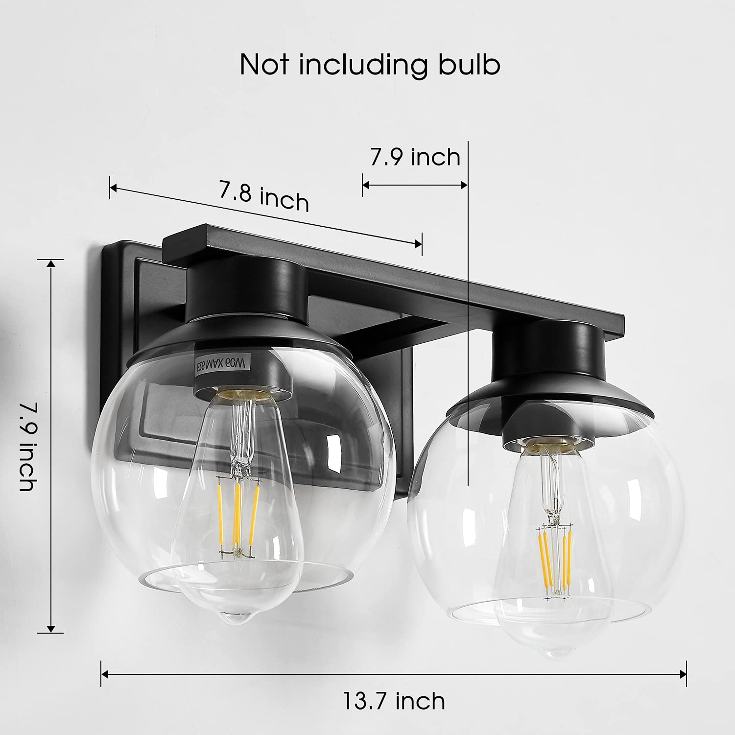 Pazala 2 Light Vanity Lights, Black Bathroom Wall Sconce Light With Globe Glass Shade, Bathroom Light Fixture Over Mirror For Be