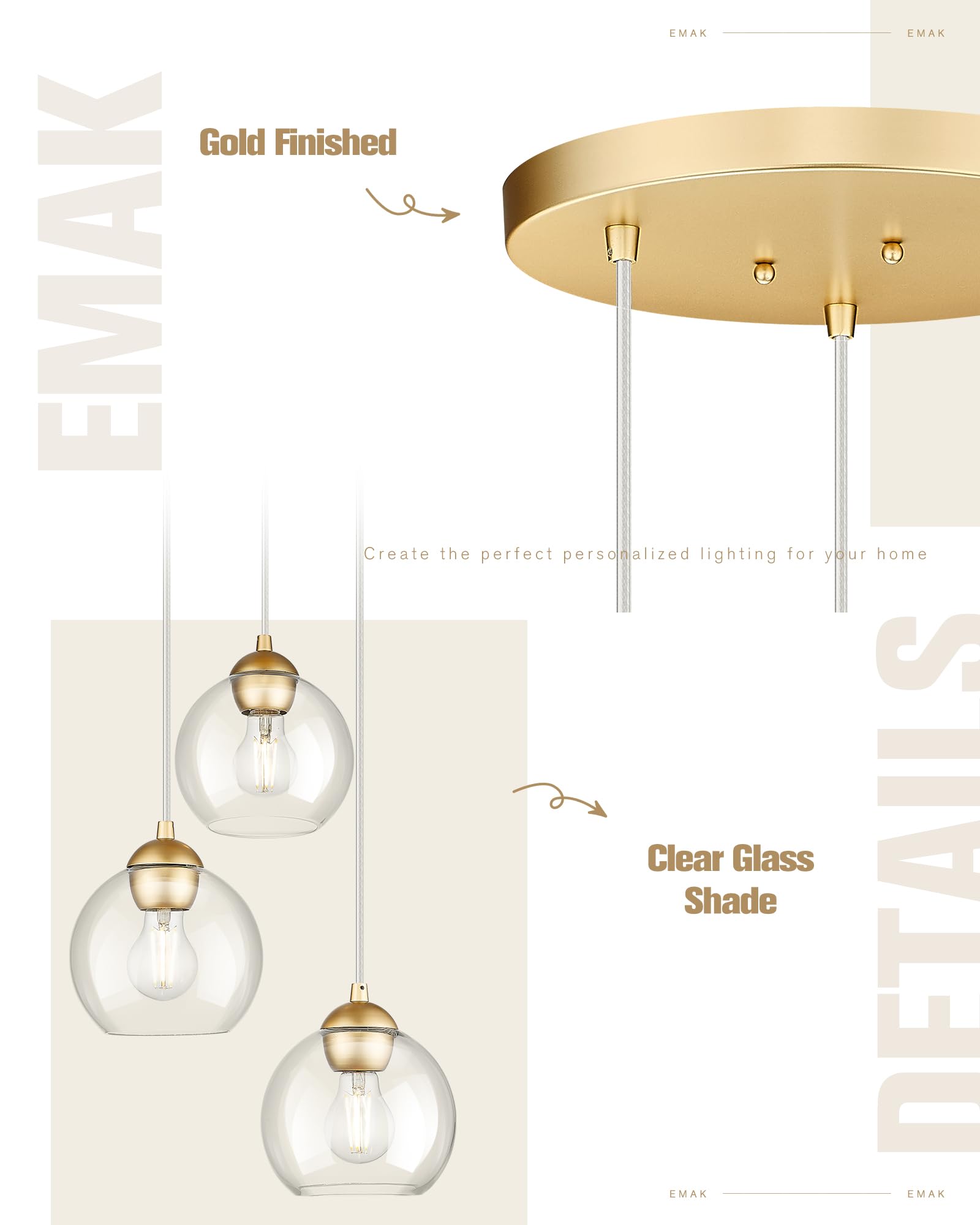 Emak 3-Light Cluster Pendant Lights Kitchen Island, Modern Gold Pendant Light Fixtures With Clear Glass Shade, 7 Inch Globe Hang