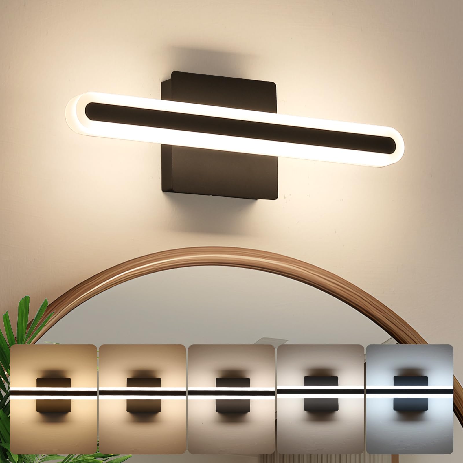 Joosenhouse Modern LED Bathroom Vanity Light Bar, 15.7-Inch, 16W, Dimmable, Black, Hardwired, Model 9872