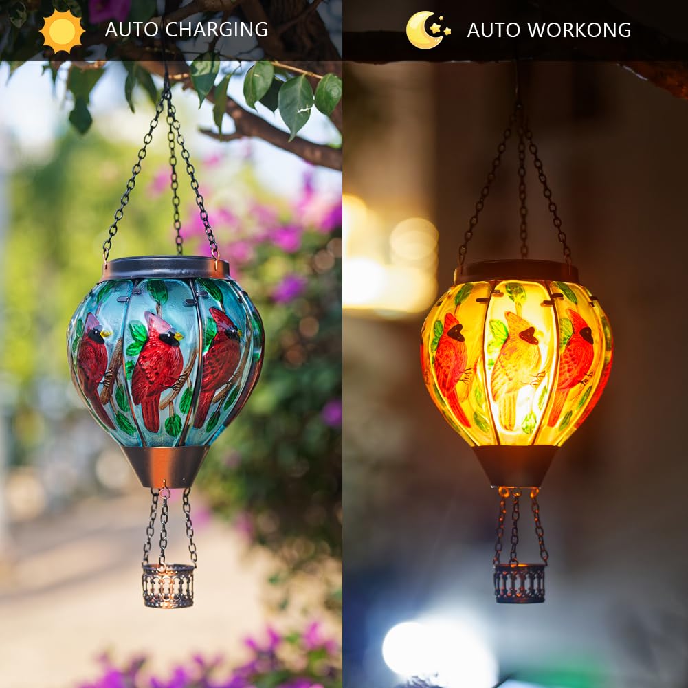 Starsoul 2 Pc Red Cardinal Hot Air Balloon Solar Lantern With Flame Glass Hanging Outdoor Hot Air Balloon Solar Light Waterproof