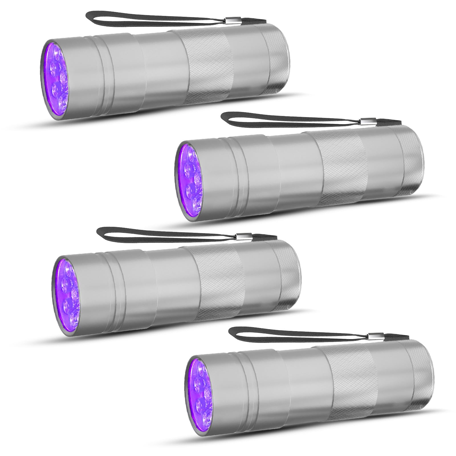 COSOOS 4 Pack UV Blacklight Flashlights, 12LED Mini Portable Pet Urine Detector, Silver, Model KJ-C6602