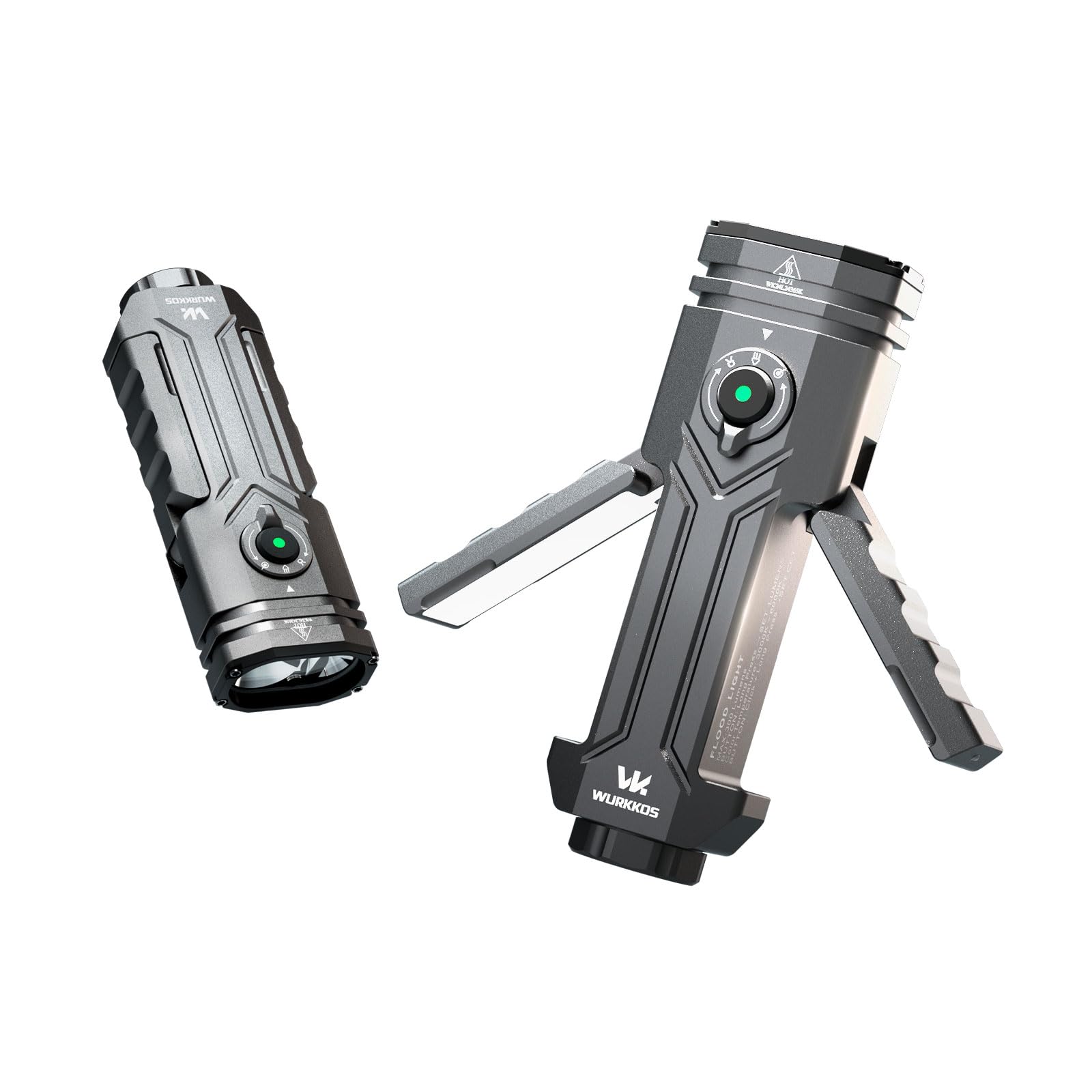 Wurkkos HD02 Rechargeable Flashlight, 3200 Lumens 4-in-1 Light with Spotlight/UV/Green Light & Foldable Side Light, Flat Flashli