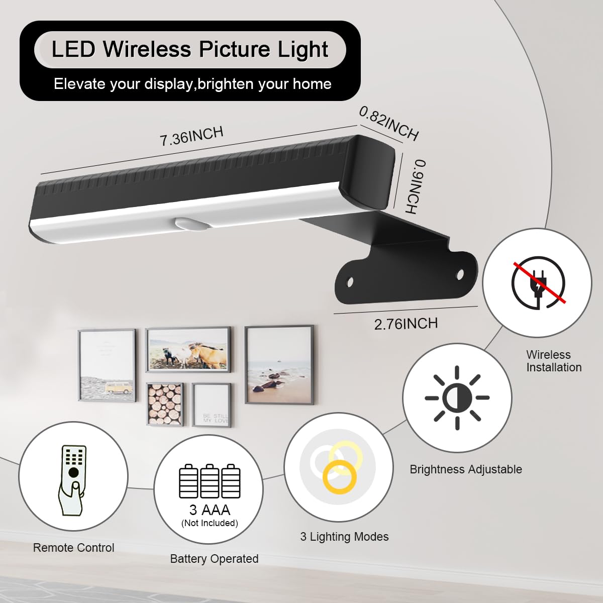 EUIOKUN 2PACK LED Picture Light, Wireless Dimmable Wall Light, Black, Remote Control, Battery Operated, Model m5 for Artwork Decor