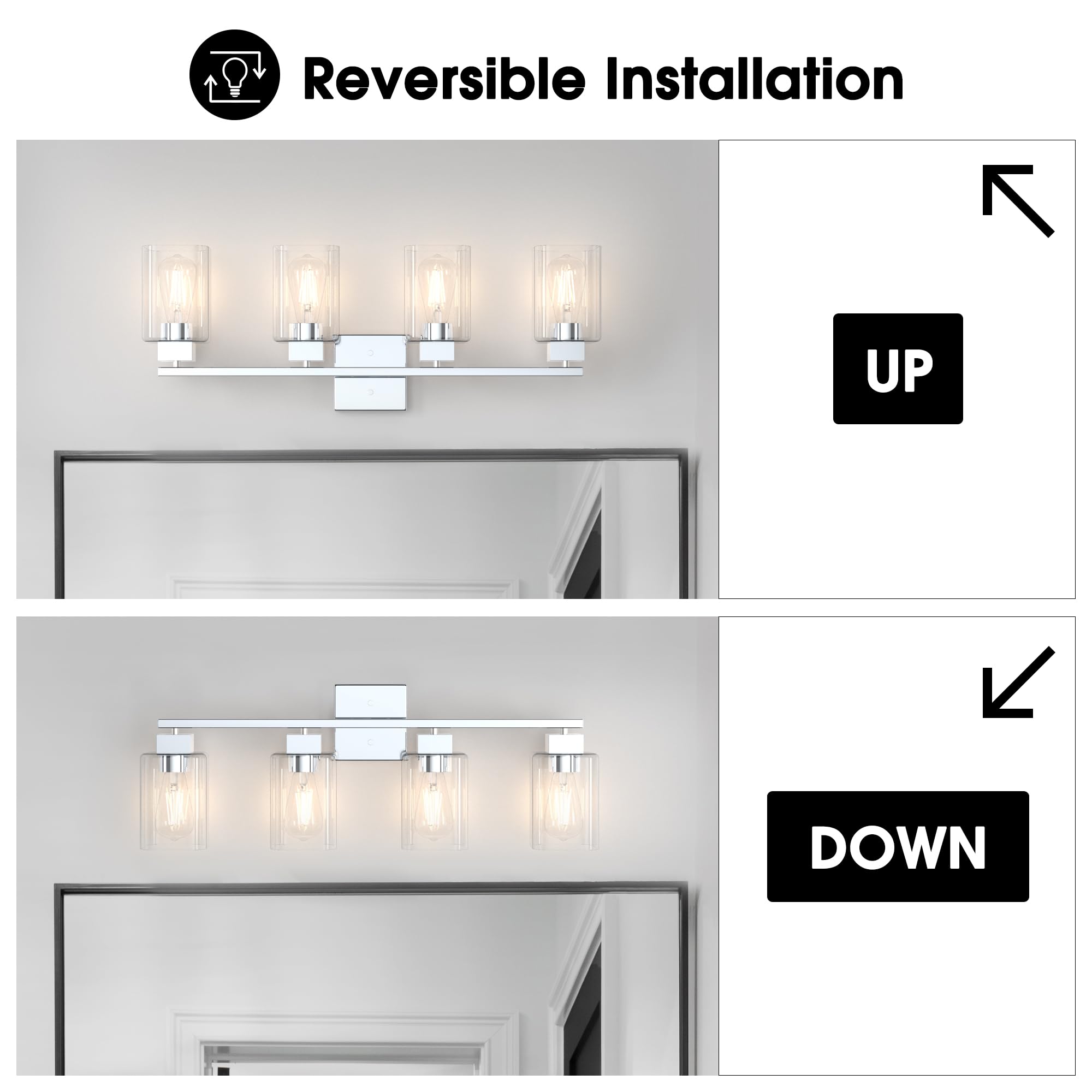 Espird 4 Light Bathroom Vanity Light - Chrome Bathroom Light Fixtures Square Design & Ul Certification, 26 Inch Square Bath Room