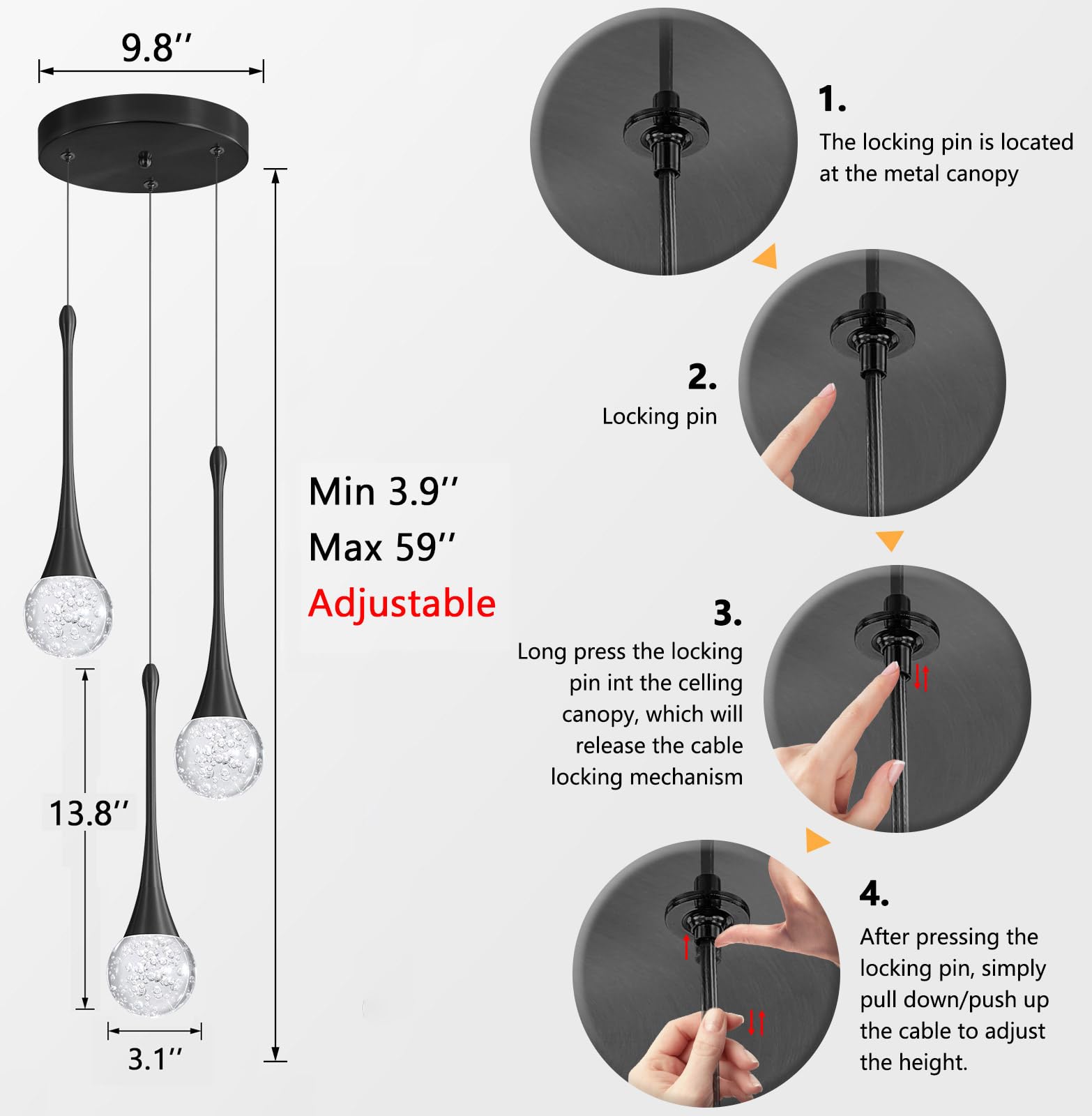 Cenozo 3-Lights Pendant Light - Dimmable Crystal Chandelier for Kitchen Island, Black, Model RS2037-3H