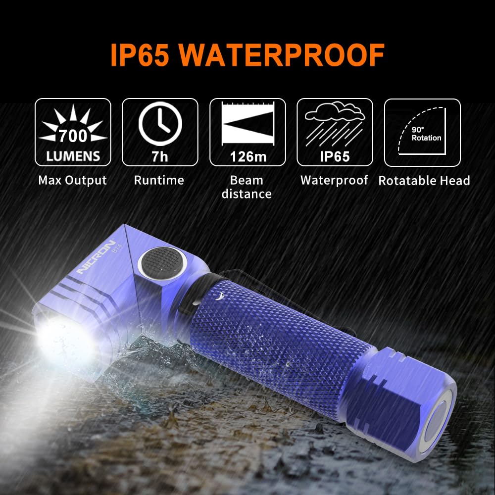 NICRON Flashlight 700 Lumens 90 Degree Rechargeable IP65 Waterproof LED Small Type Blue Model B74E-blue