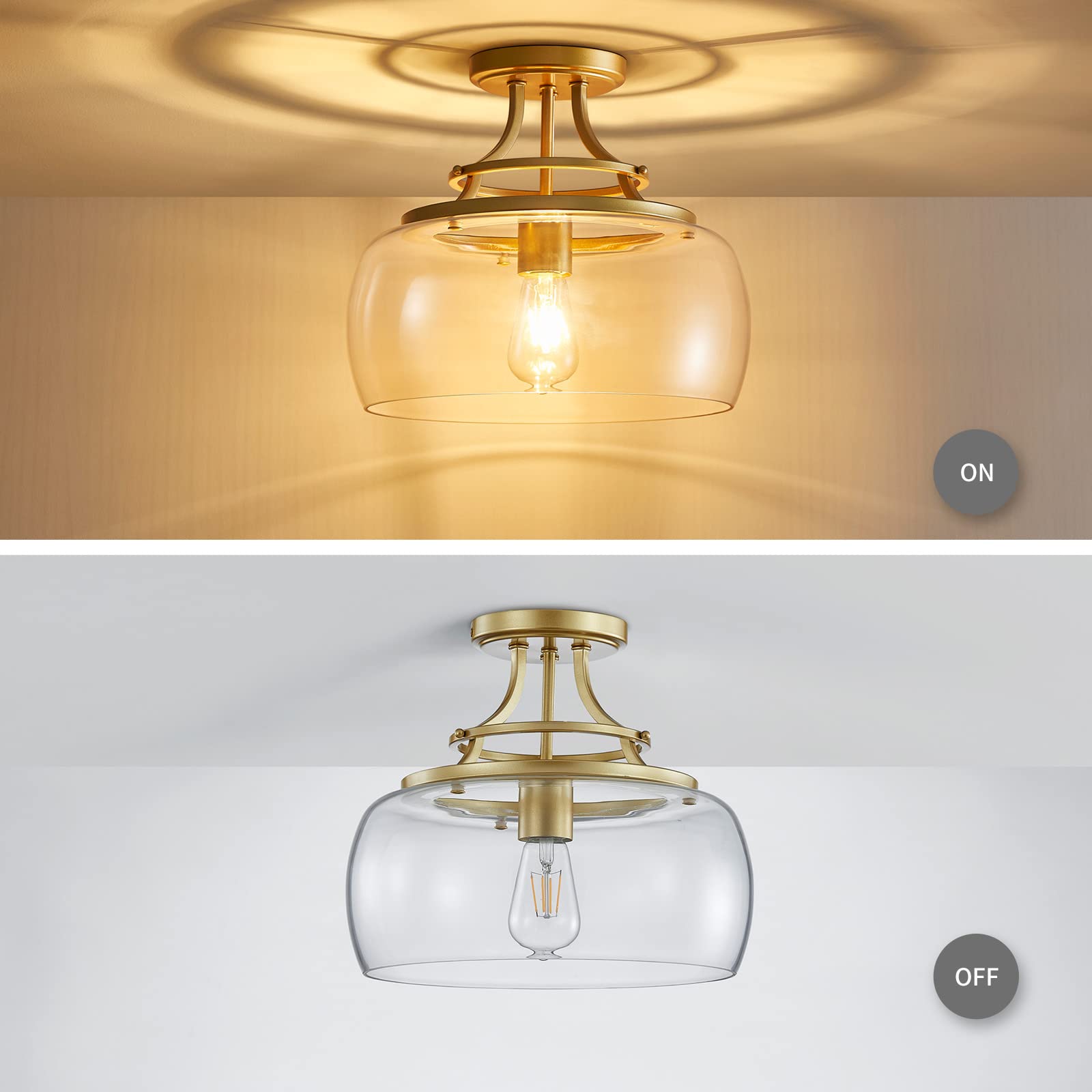 Wuzups Gold Industrial Chandelier Ceiling Light Fixture With Clear Glass Shades, 11.8&quot; H X 13.4&quot; W