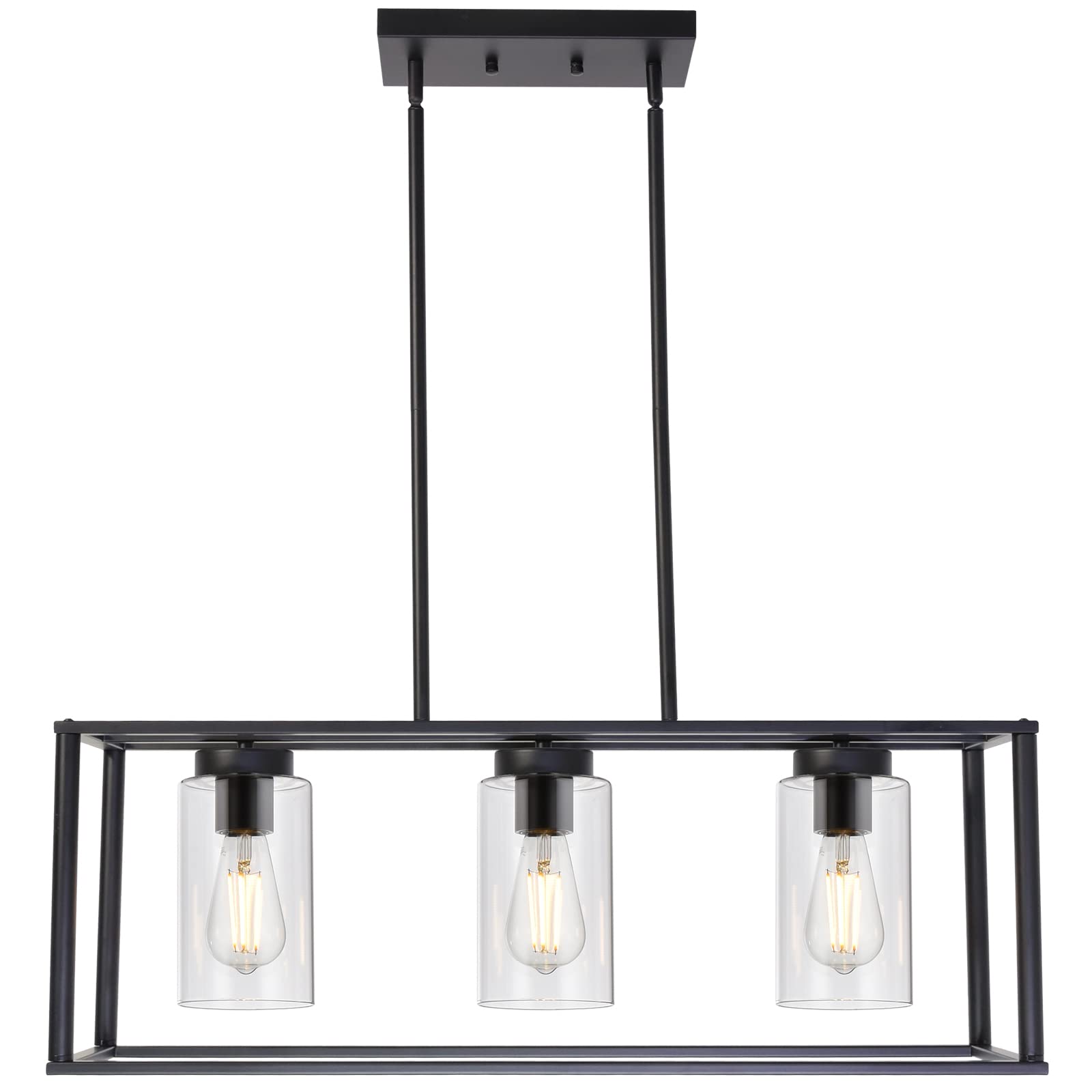 VINLUZ Black 3-Light Contemporary Chandelier, Metal Kitchen Island Pendant Light, Model 1811-3-11, Glass Shade