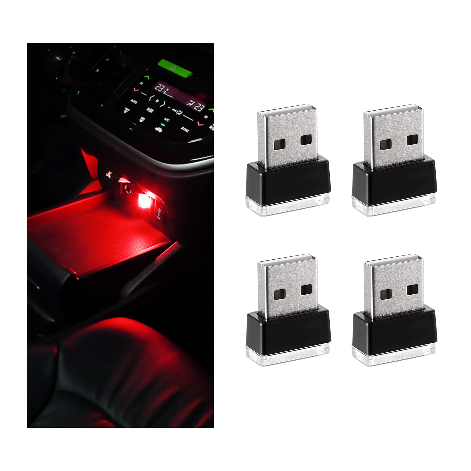 Sylvil 4 Pcs Usb Led Car Interior Atmosphere Lamp  Portable Mini Led Night Light  Plug-In Usb Interface Trunk Ambient Lighting Kit  Universal Interior Car Accessories (Red)