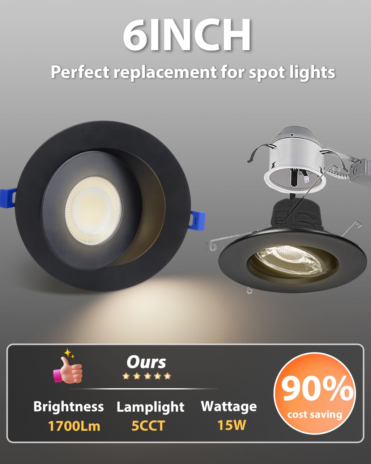 Adetu Led Recessed Lighting 6 Inch  360?90?Adjustable Directional Gimbal 6 Inch Led Recessed Light  2700K-5000K 5Cct Dimmable Retrofit Eyeball Can Recessed Lights With Jbox  Et (Black 6 Pack)