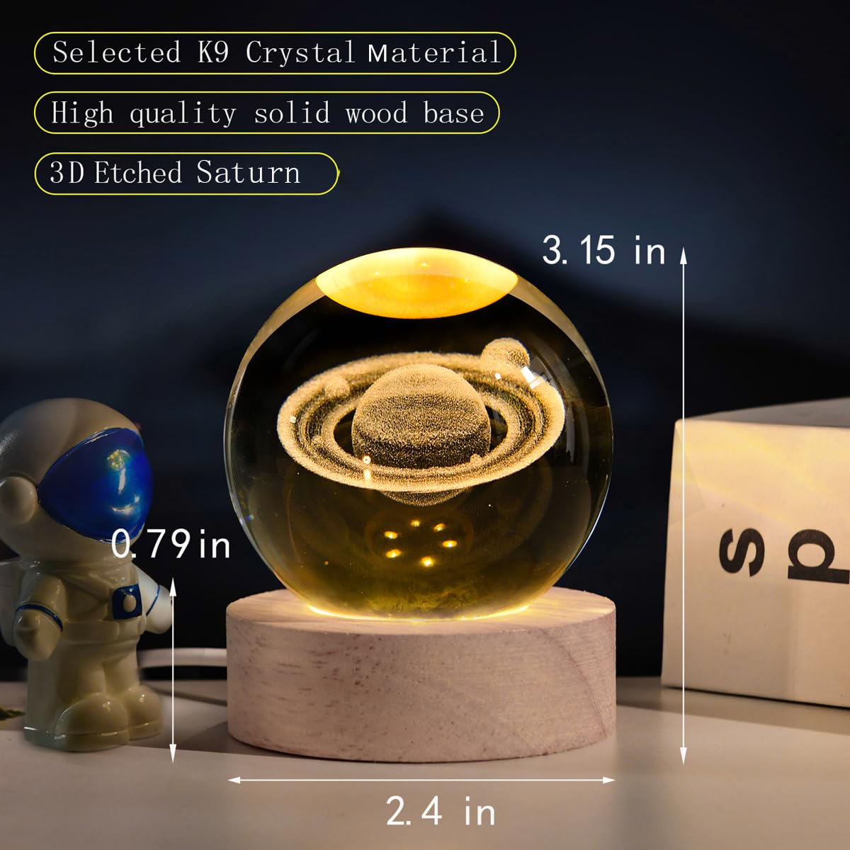 QIANCHANG 3D Saturn Crystal Ball Night Light, 2.4in Glass Sphere, Decorative Lamp, LED Stand, Saturn Color