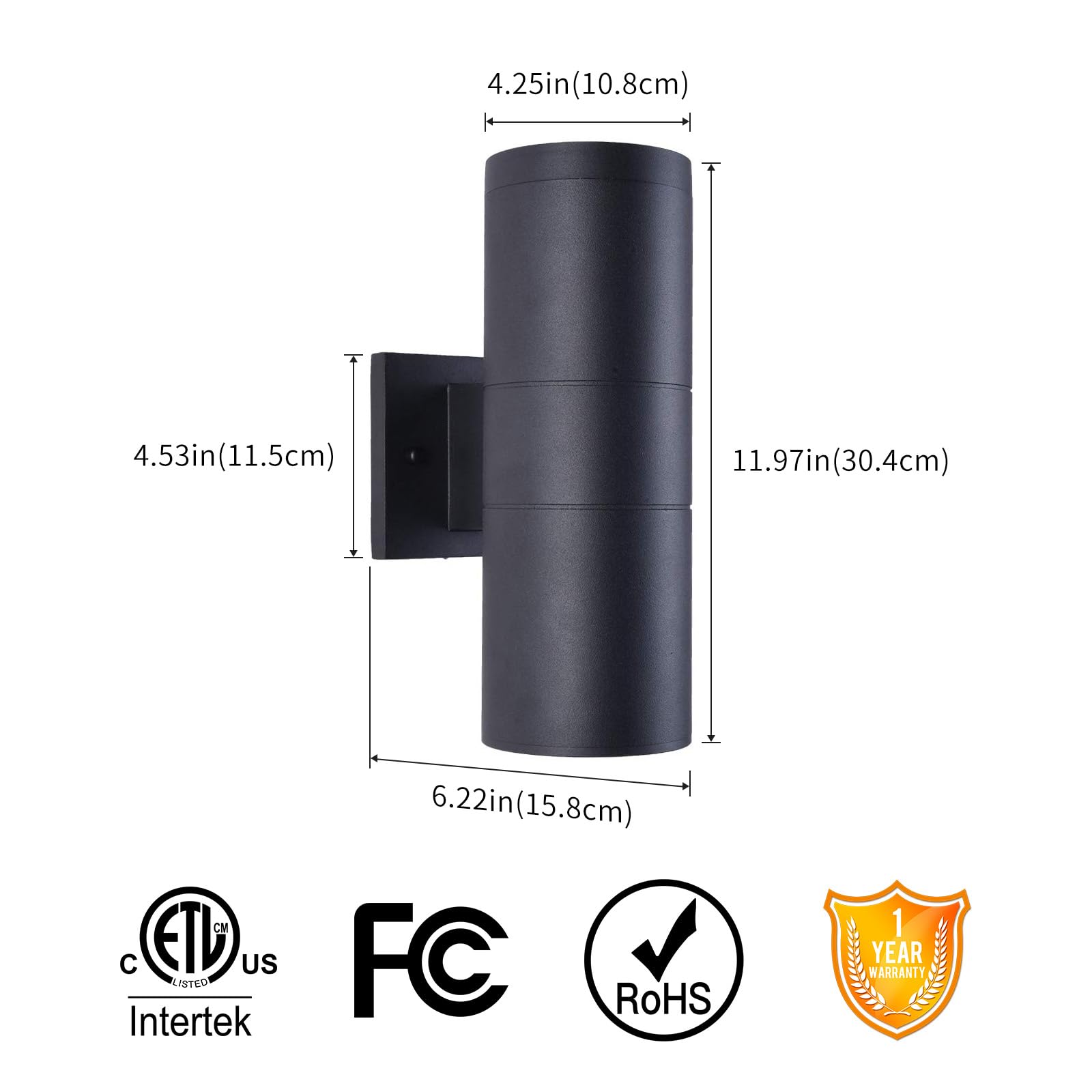 mirrea Modern Outdoor Porch Light, 2 Lights, Aluminum, Waterproof Wall Sconce, Matte Black, Model B12A108, 2 Pack
