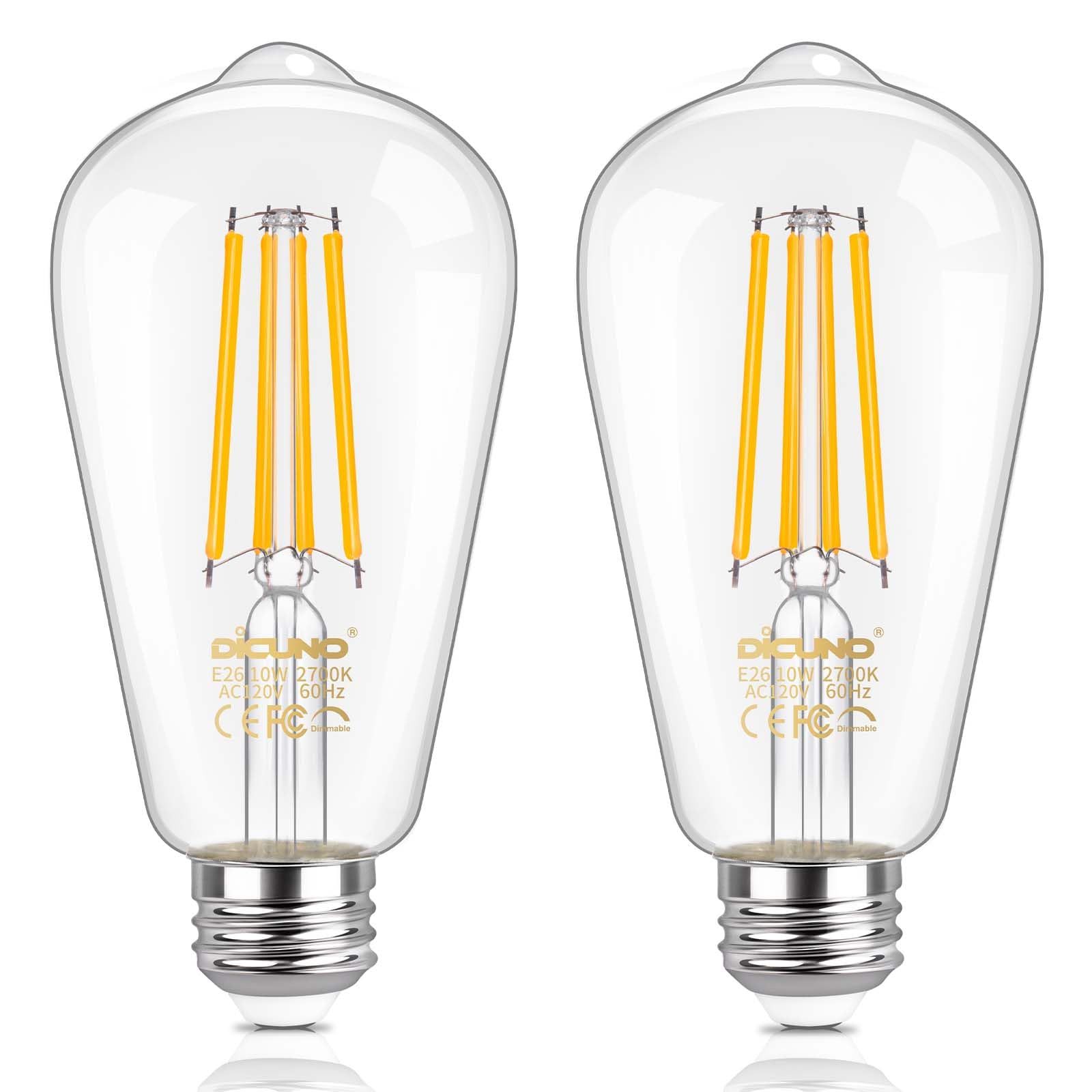 Dicuno Dimmable Edison Bulbs 100W Equivalent  Led Edison Bulb  Warm White 2700K  10W  1200Lm  Vintage St64 Filament Light For Bathroom  Kitchen  Decorative Lighting  2-Pack