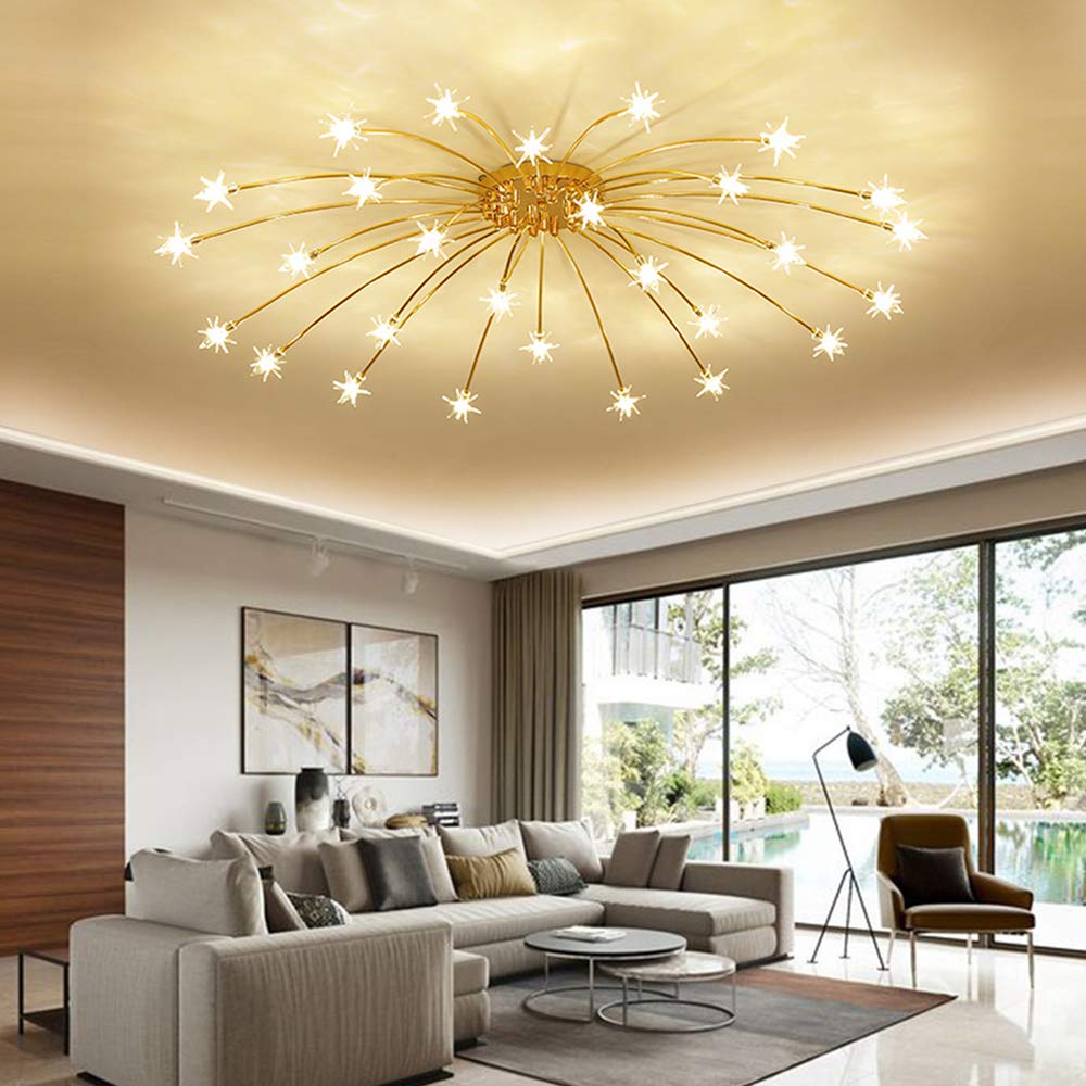 DZQH-Qin Gold Ceiling Light Chandelier, Metal, 28 Light, Unique Starry Design, Flush Mount Fixture for Living Room, Bedroom, Dining Room