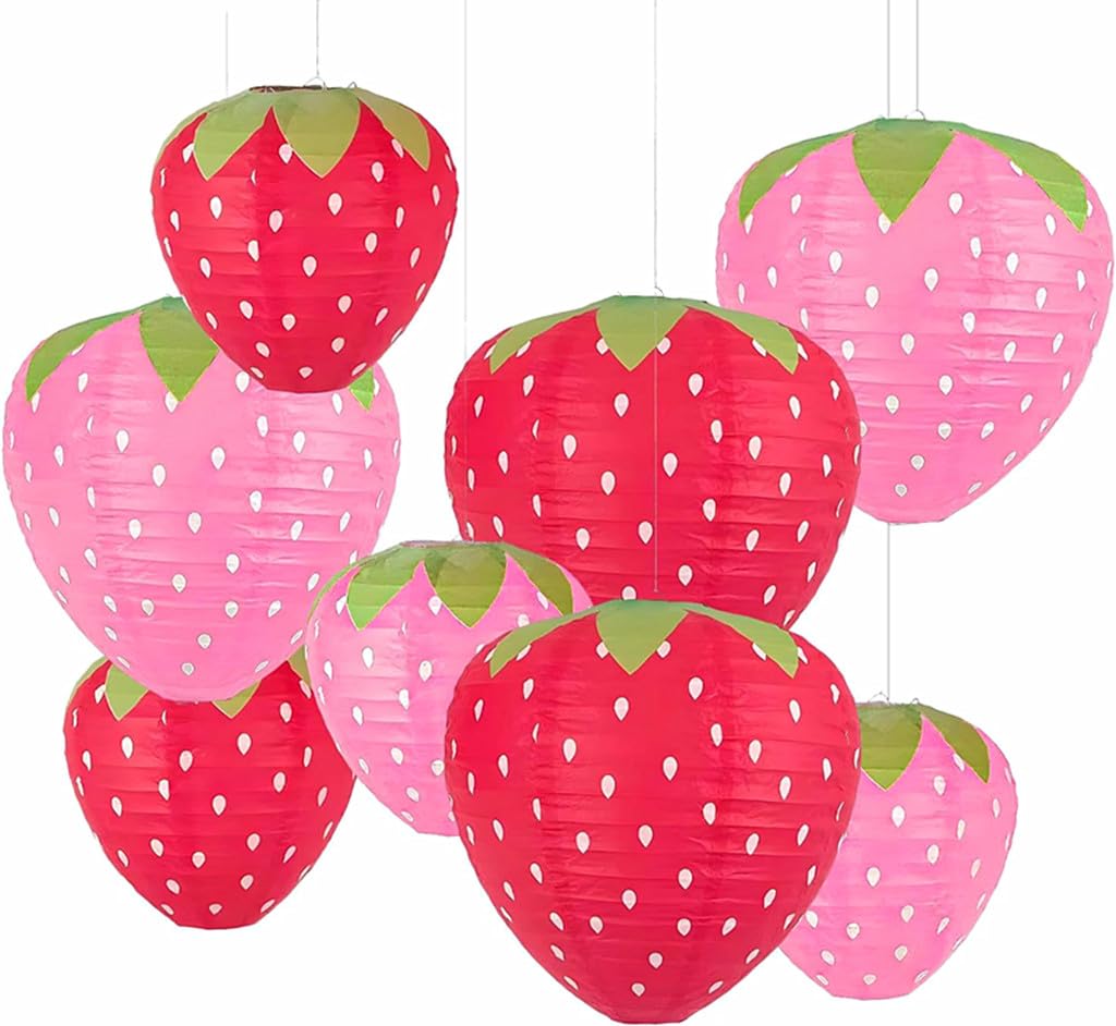 Kinteshun Folding Strawberry Paper Lantern Reusable Hanging Ornament Lamp Cover for Fruit Theme Birthday Party Decoration Suppli