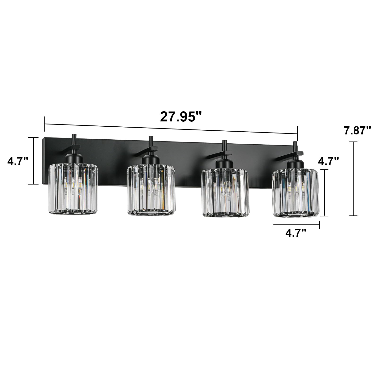 HUOKU 4-Light Bathroom Vanity Light Fixture, Black Metal with Crystal Round Shade